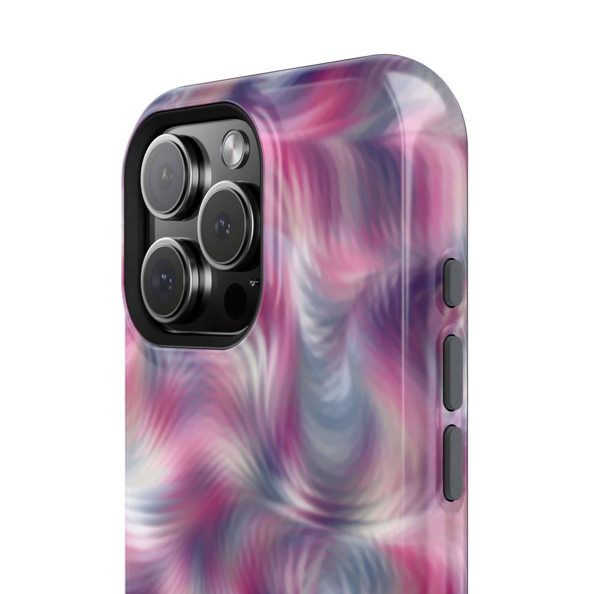 Close-up of abstract purple tie dye swirl MagSafe iPhone case, a cute phone cover with quirky floral design. Perfect for playful style!