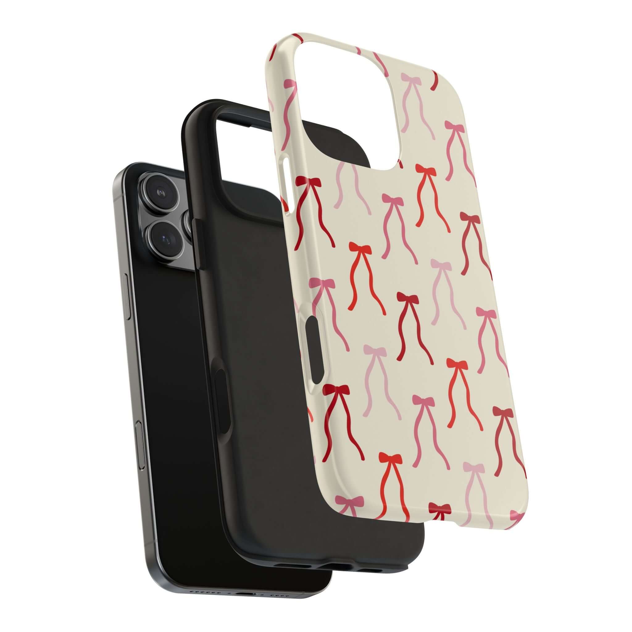 Beige coquette phone case with cute red bows for iPhone 16, playful design for stylish protection.