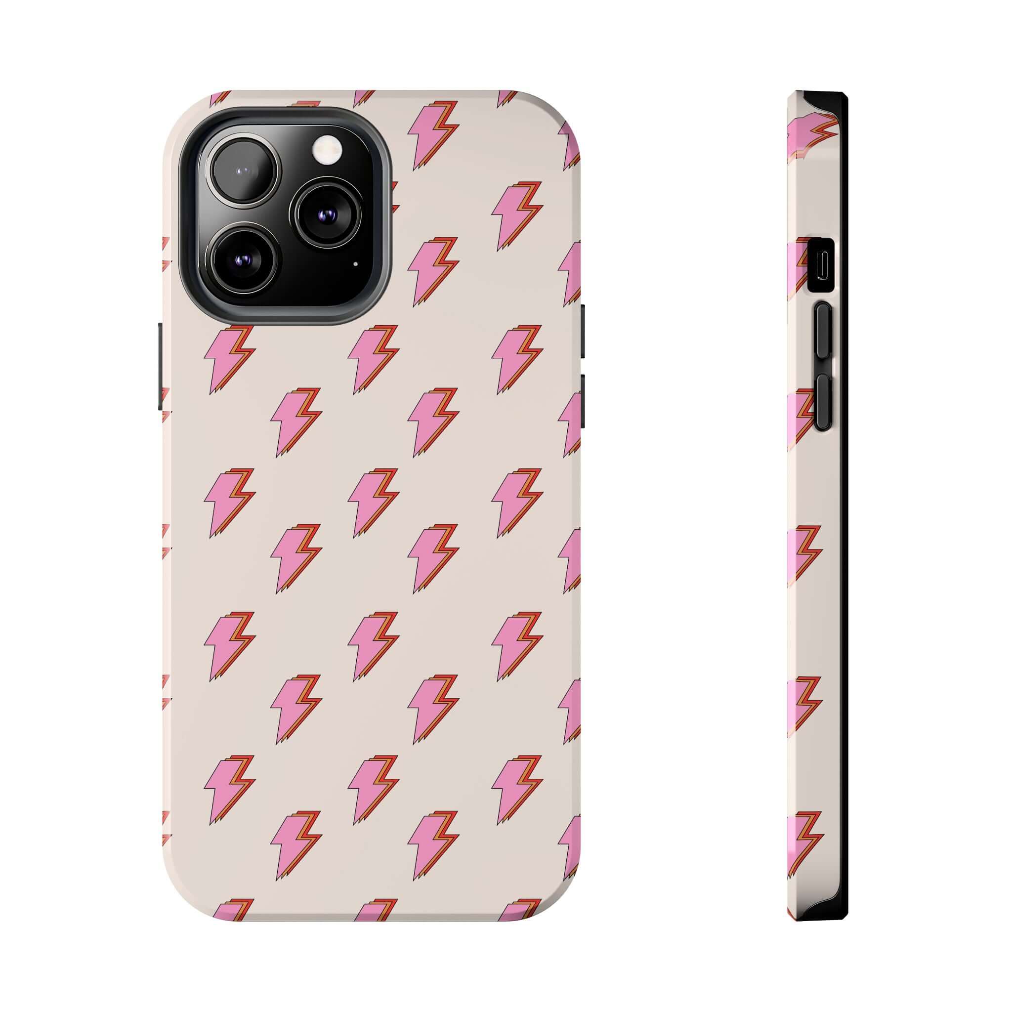 Cute iPhone case for iPhone 14 with pink lightning bolts design - Electric Vibes Lighting Bolt Case for stylish protection.