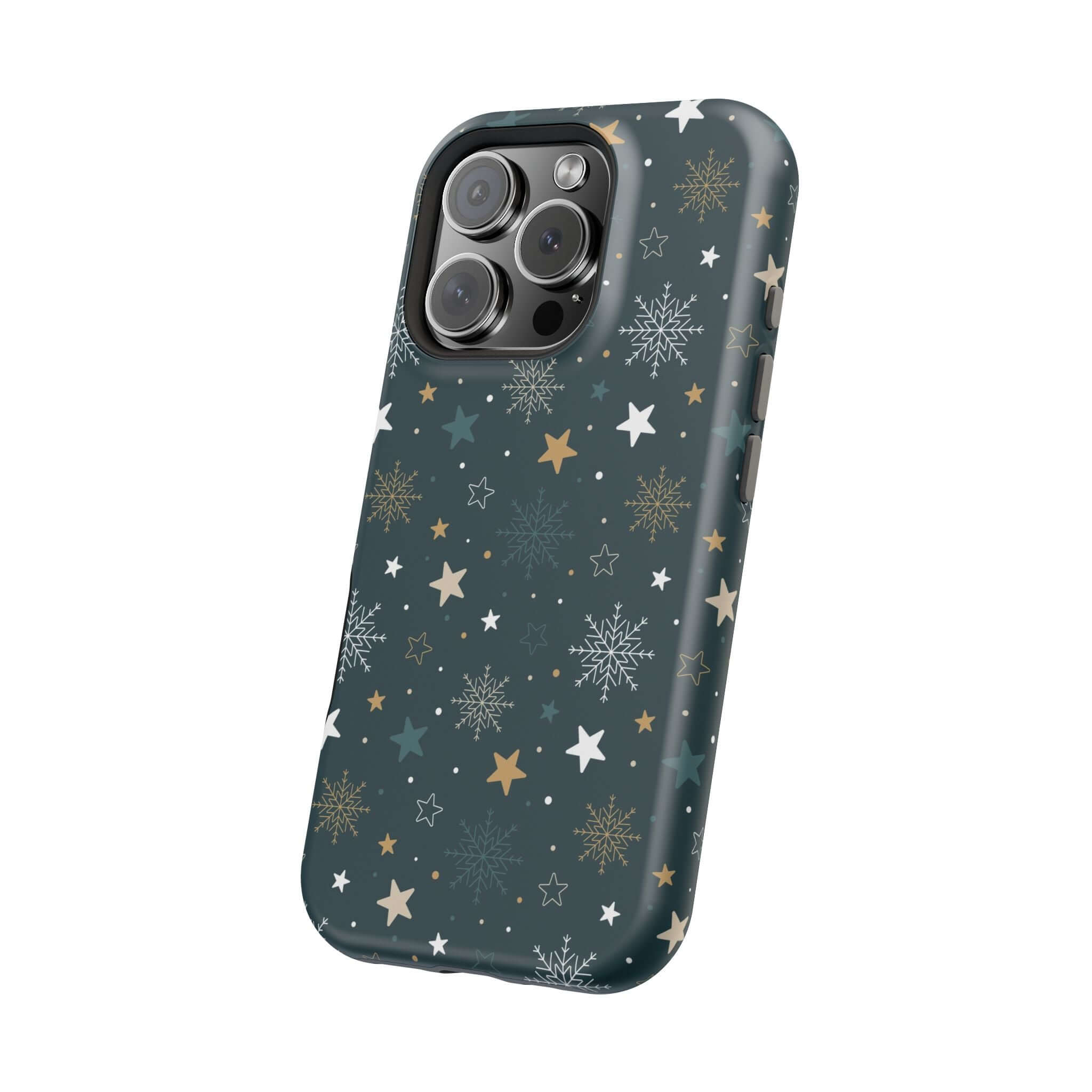 Festive Christmas phone case with stars and snowflakes design, compatible with MagSafe technology for secure charging.