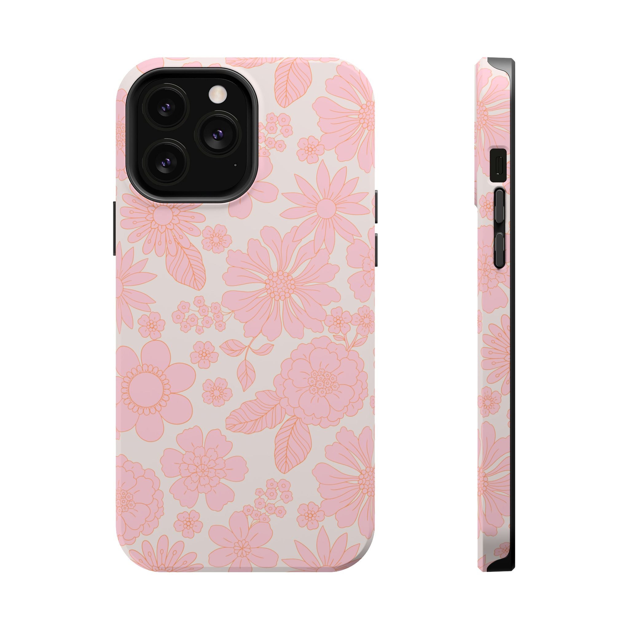 Pink floral MagSafe phone case for iPhone 16, cute and protective, cottagecore aesthetic design. Ideal for girly style enthusiasts.