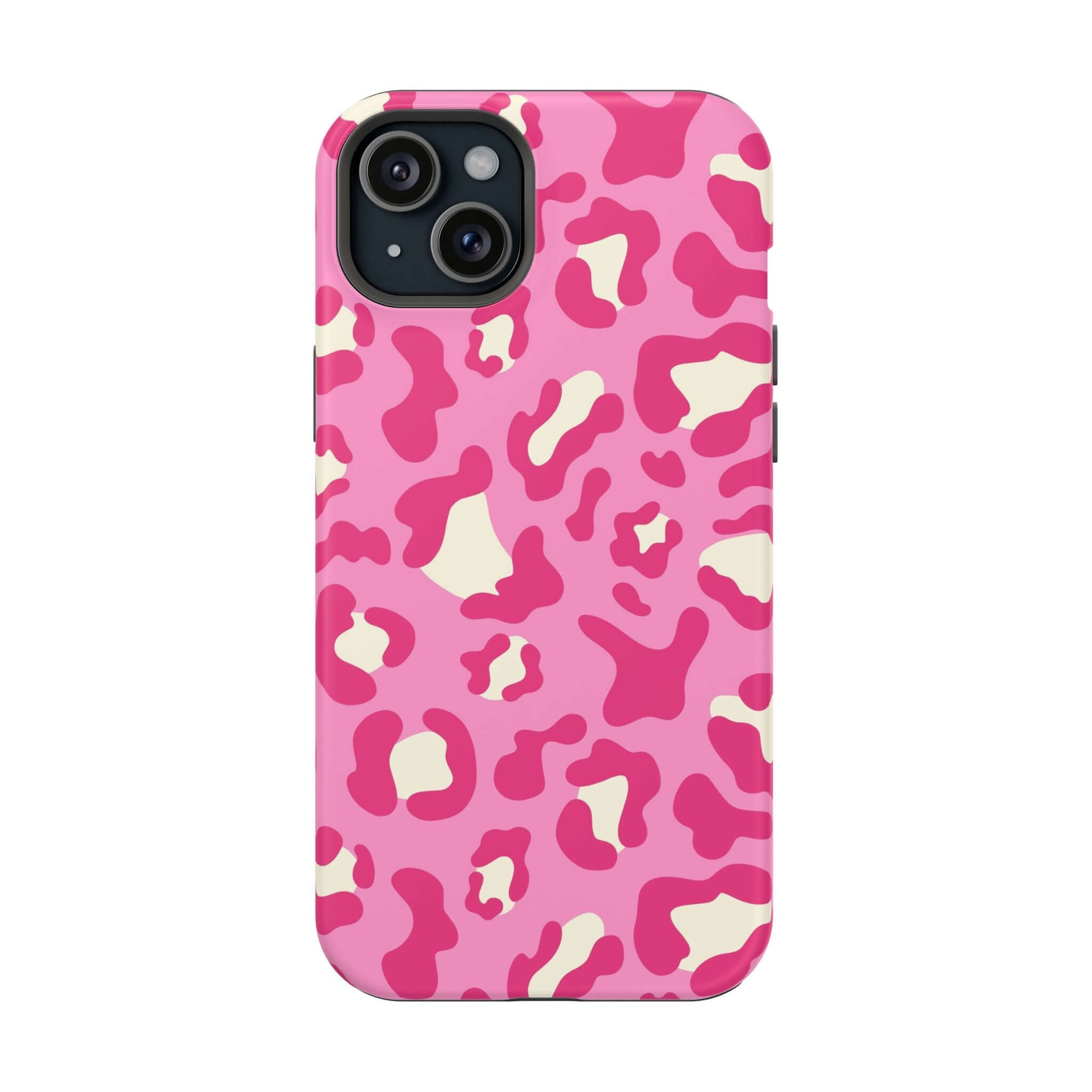 Preppy Cheetah Pink MagSafe case for iPhone 14 Pro Max, stylish phone case with pink cheetah pattern and free shipping.