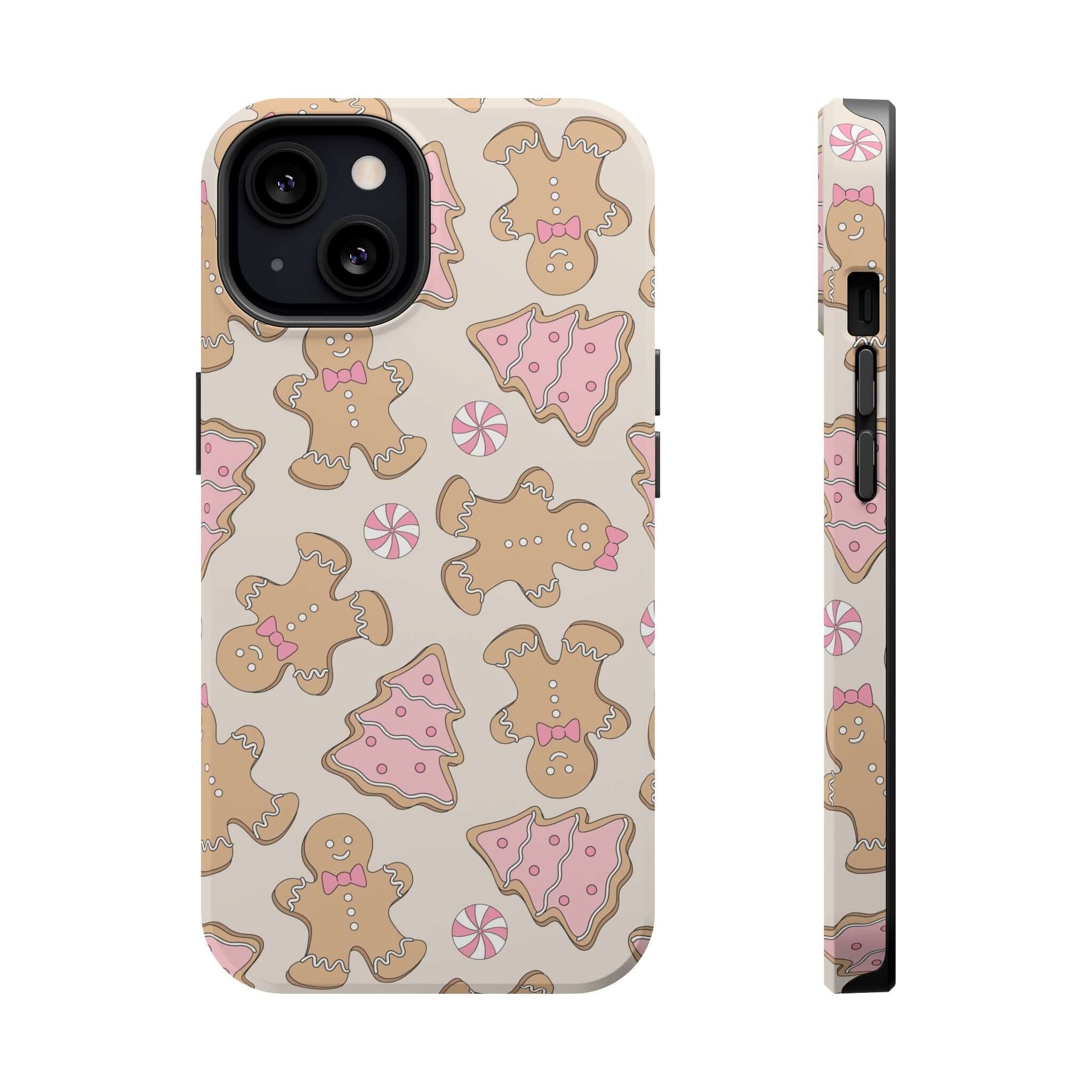 Cute gingerbread man design on a Christmas MagSafe phone case, perfect holiday or xmas phone cover for festive cheer.