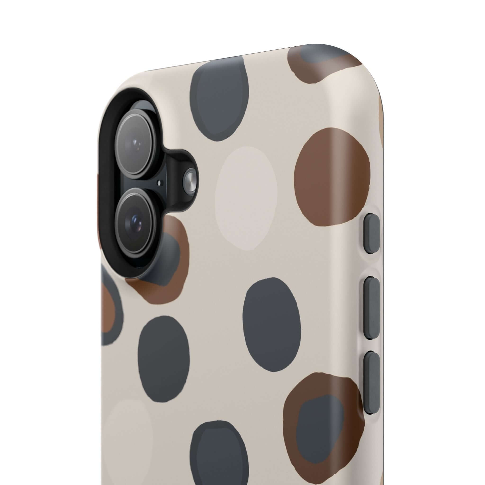 Chic Wanderer Modern Spots Case for iPhone, featuring a playful brown and gray abstract design. Cute and colorful MagSafe-compatible phone case.