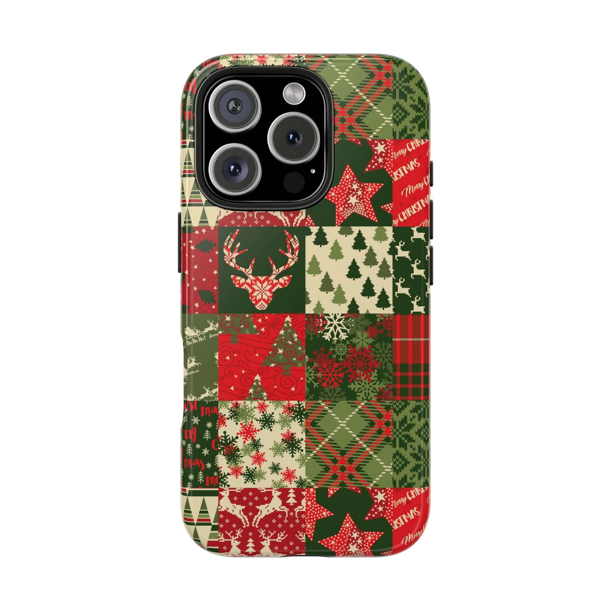 Festive green holiday phone case with Christmas trees, stars, and reindeer design. Cute iPhone case for winter. Cozy Quiltmas.