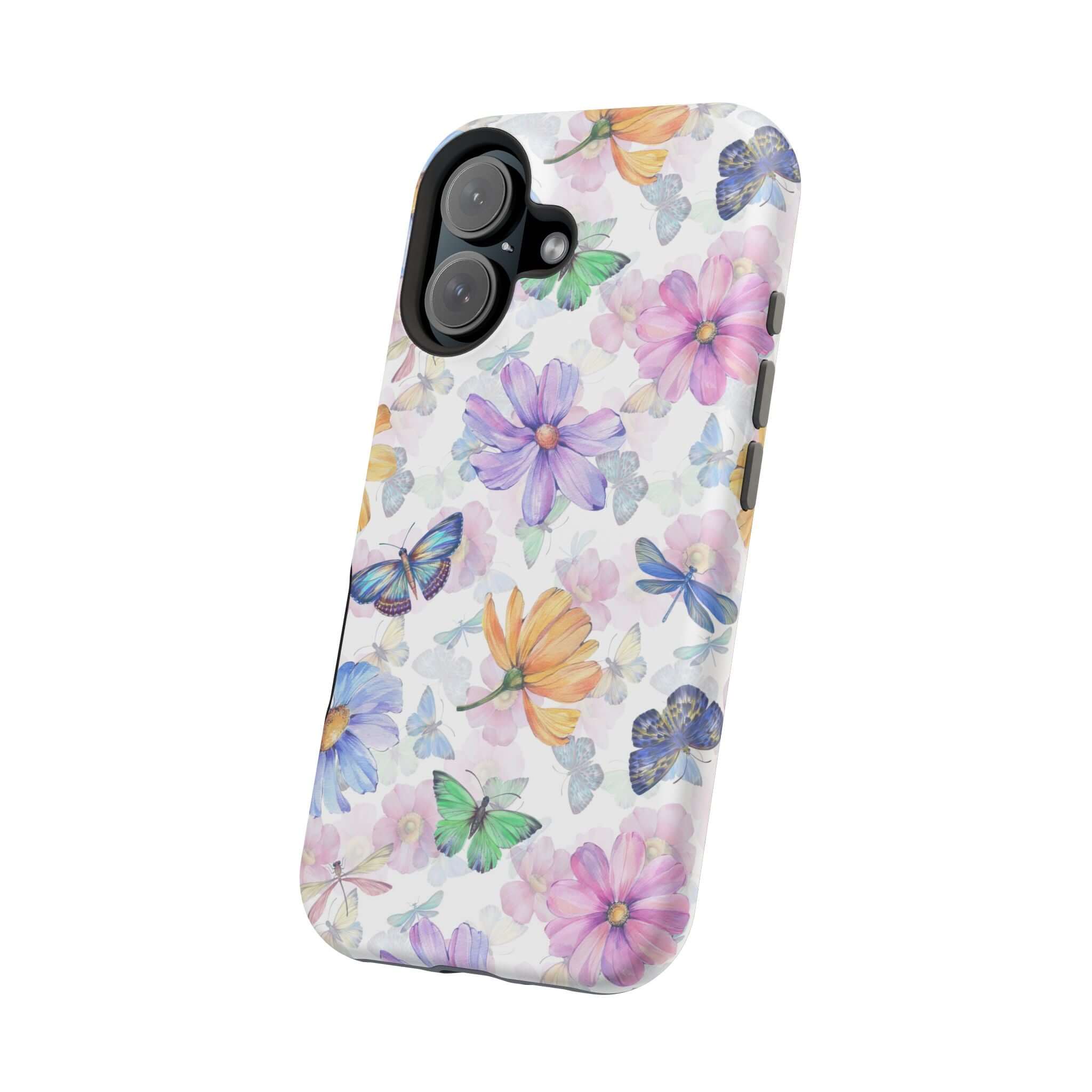 Cute MagSafe iPhone 16 case with watercolor butterflies and flowers design, stylish and protective phone case