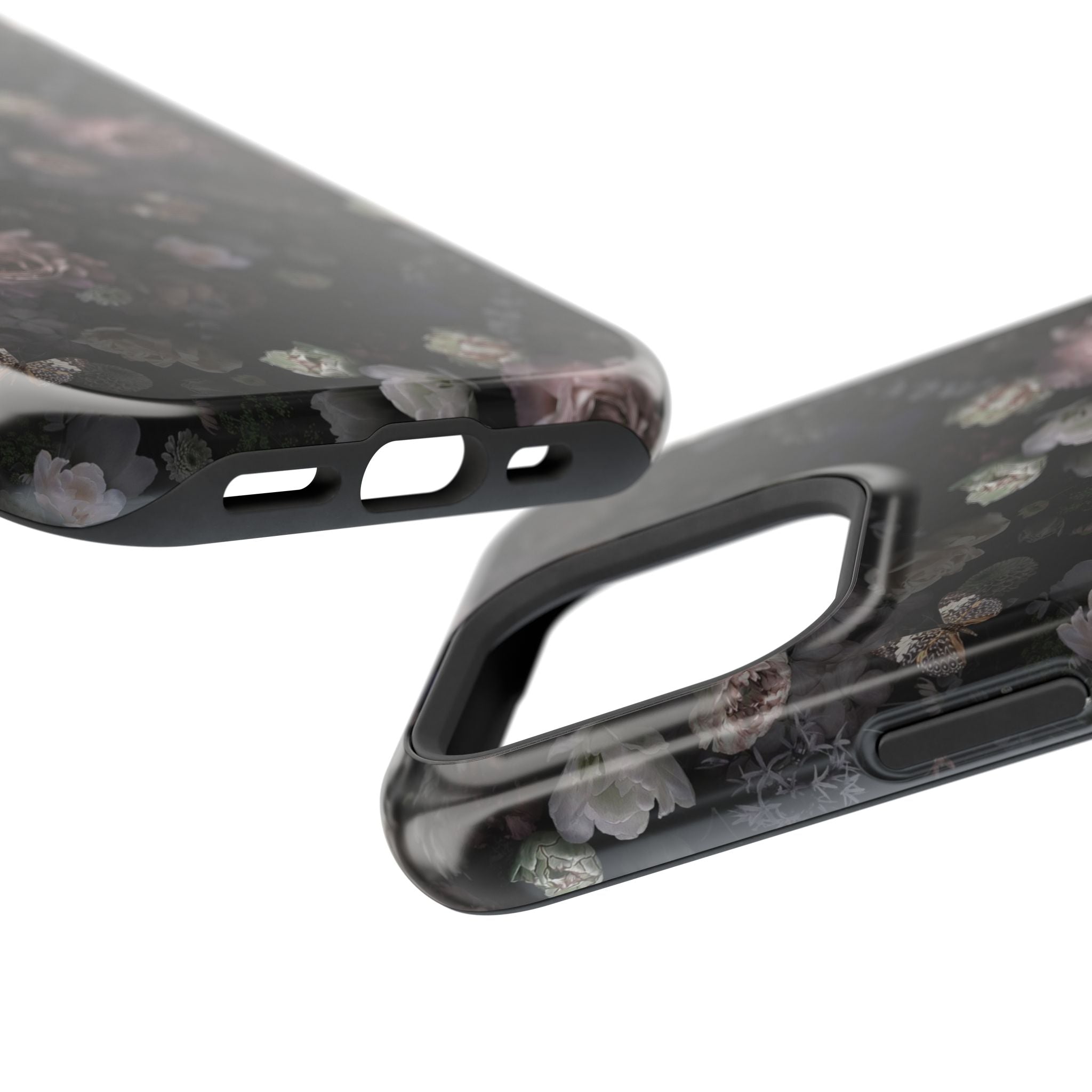 Midnight Curse Black Floral MagSafe iPhone Case with cute black roses. Stylish and protective phone cover.