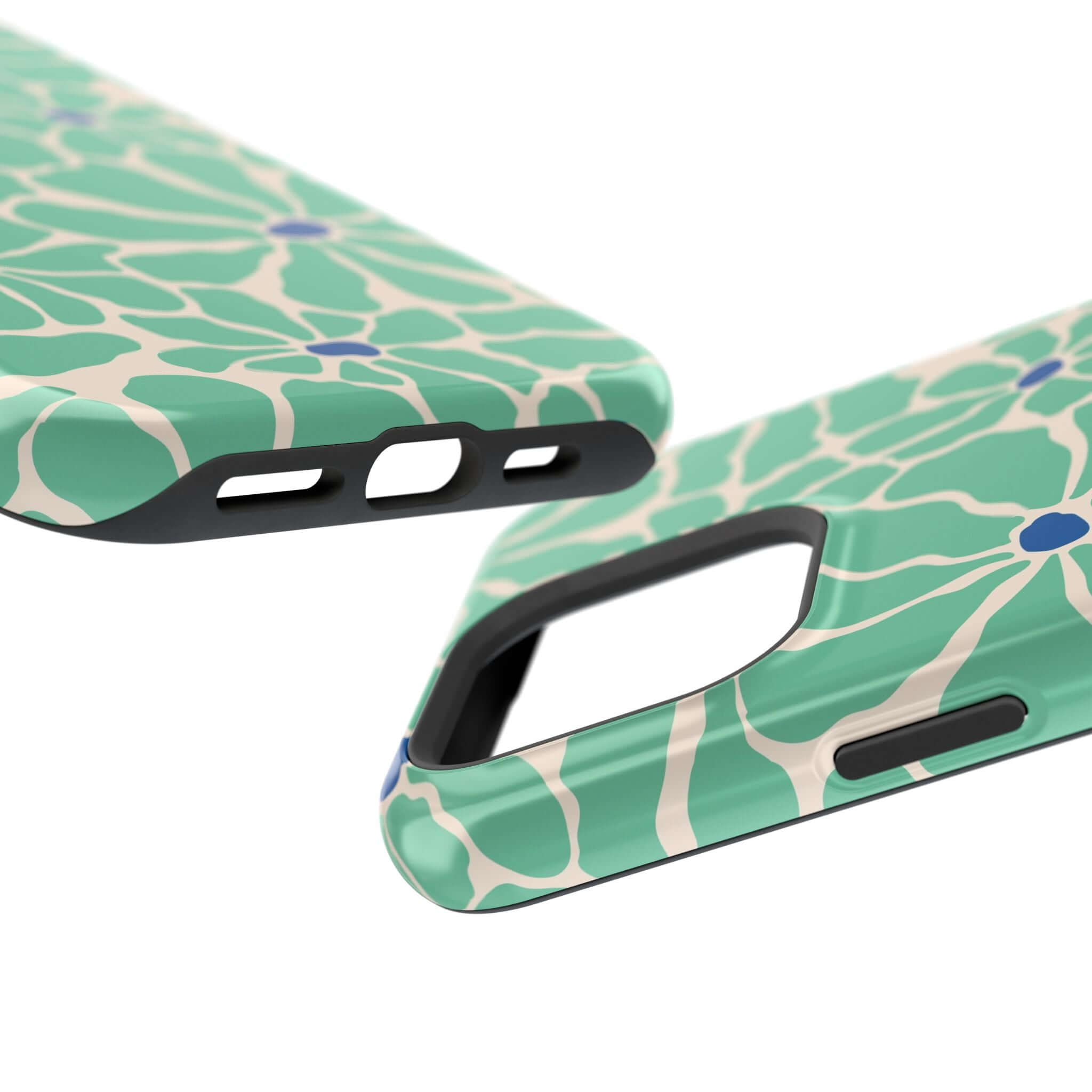 Close-up of the Tropical Splash Retro Floral Case, showcasing its cute design and MagSafe compatibility for iPhone protection.