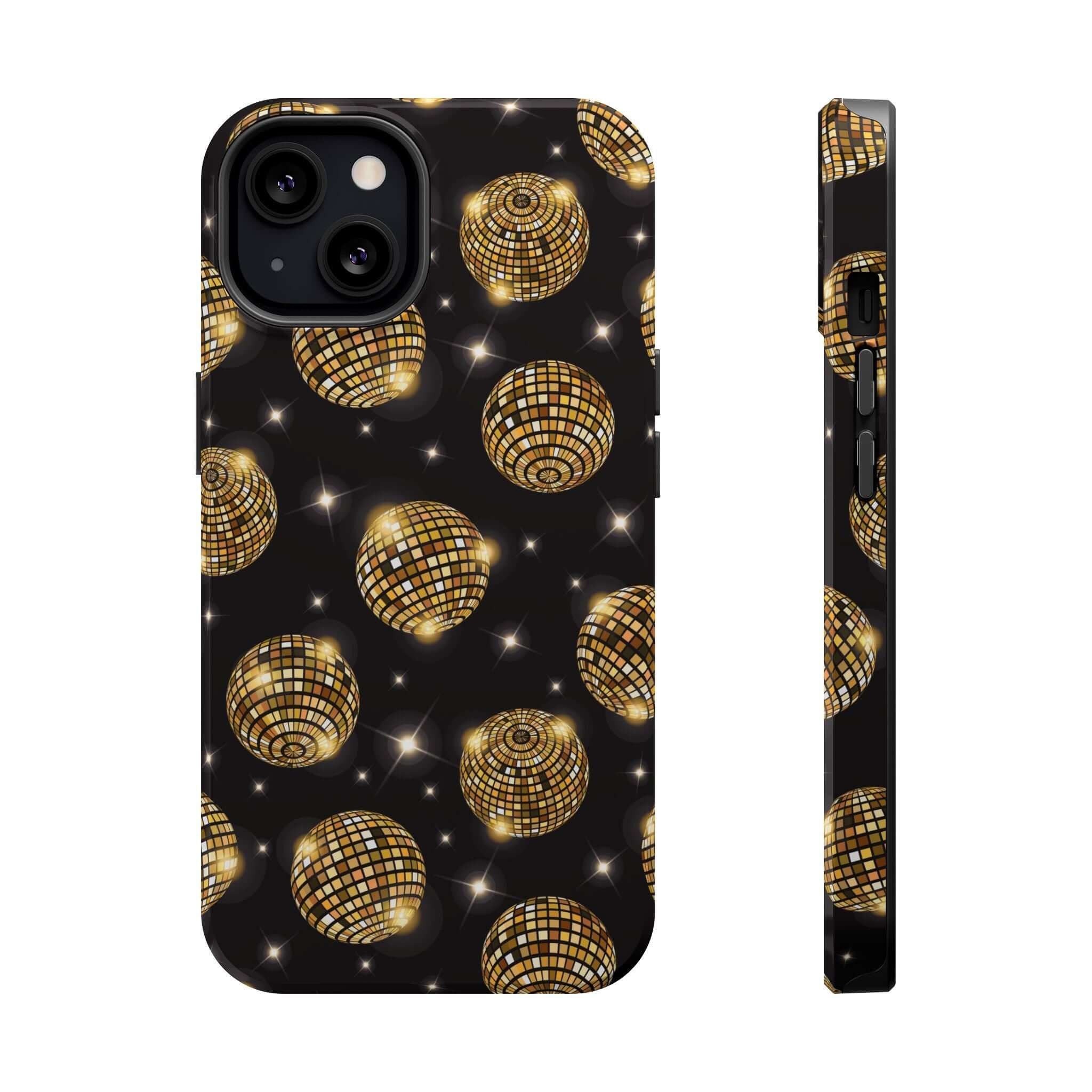 Cute iPhone 14 case with gold disco ball design and free shipping, perfect for adding a touch of funk to your phone