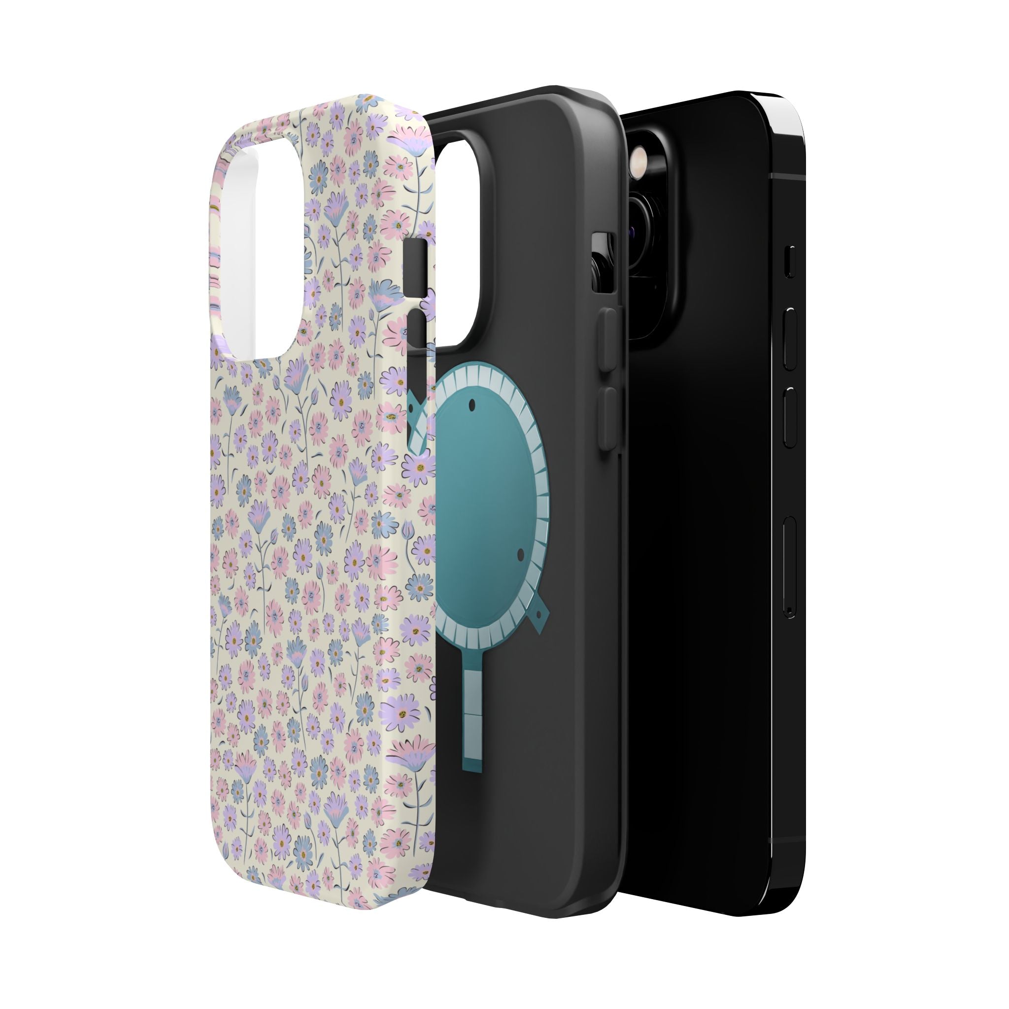 Pink flower MagSafe phone case for iPhone 16 with cottagecore design, featuring a cute floral pattern.