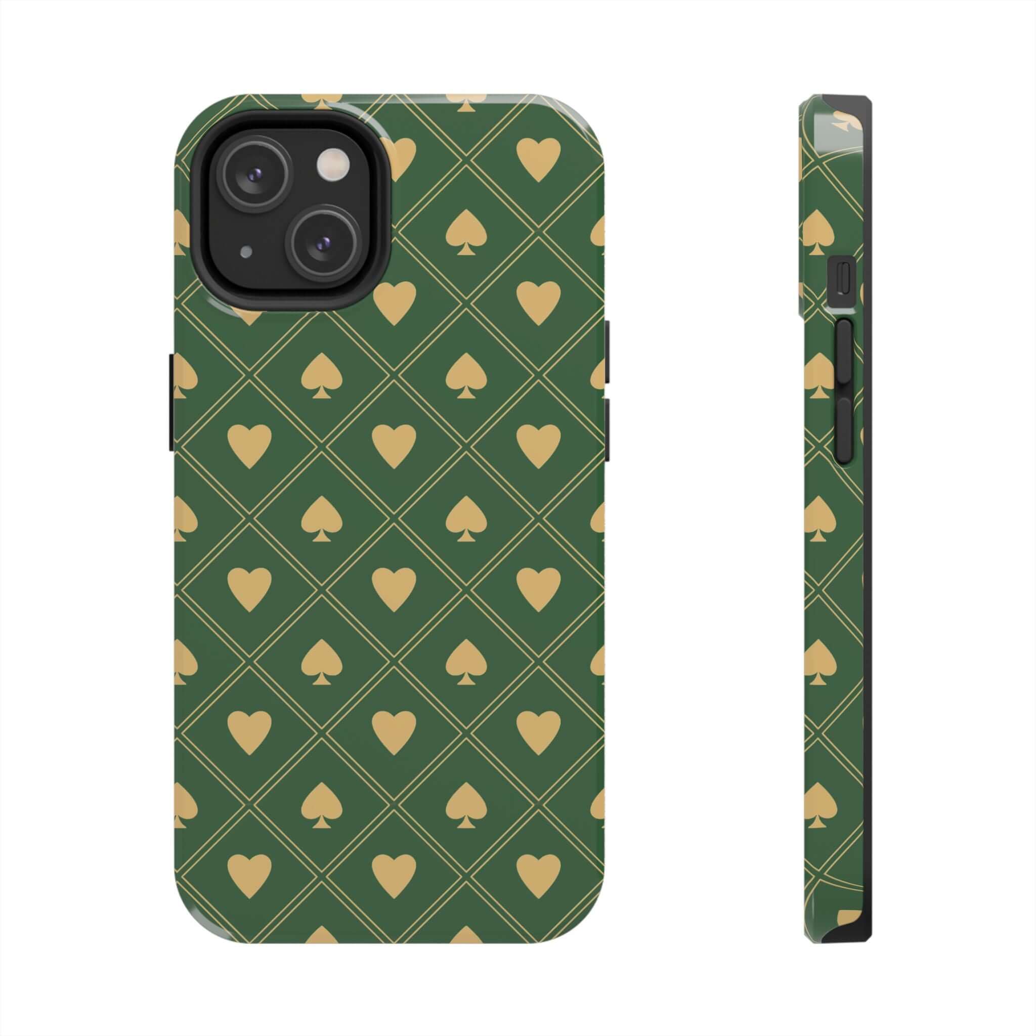 Green phone case with spade design and hearts, suitable for iPhone and Samsung, cute and fun phone cover with flowers.