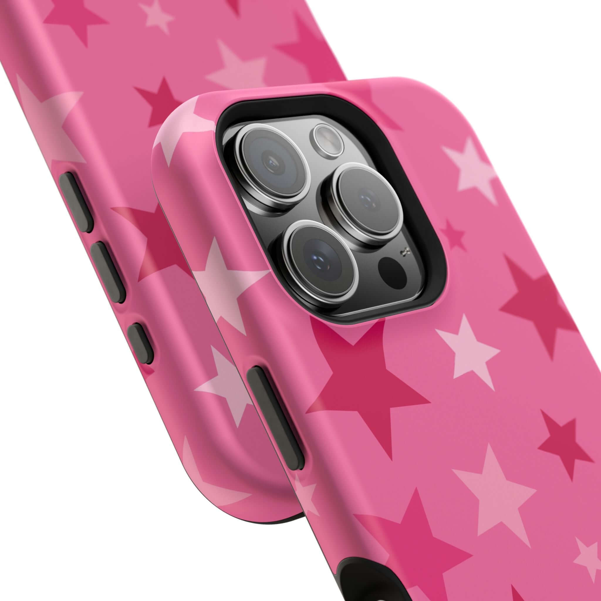 Cute pink phone case with star patterns, perfect Apple iPhone accessory for a trendy look.