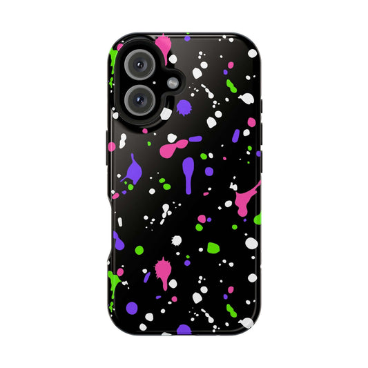 Colorful Splash Attack iPhone case with playful paint splatter design on a sleek black background, perfect cute phone cover!