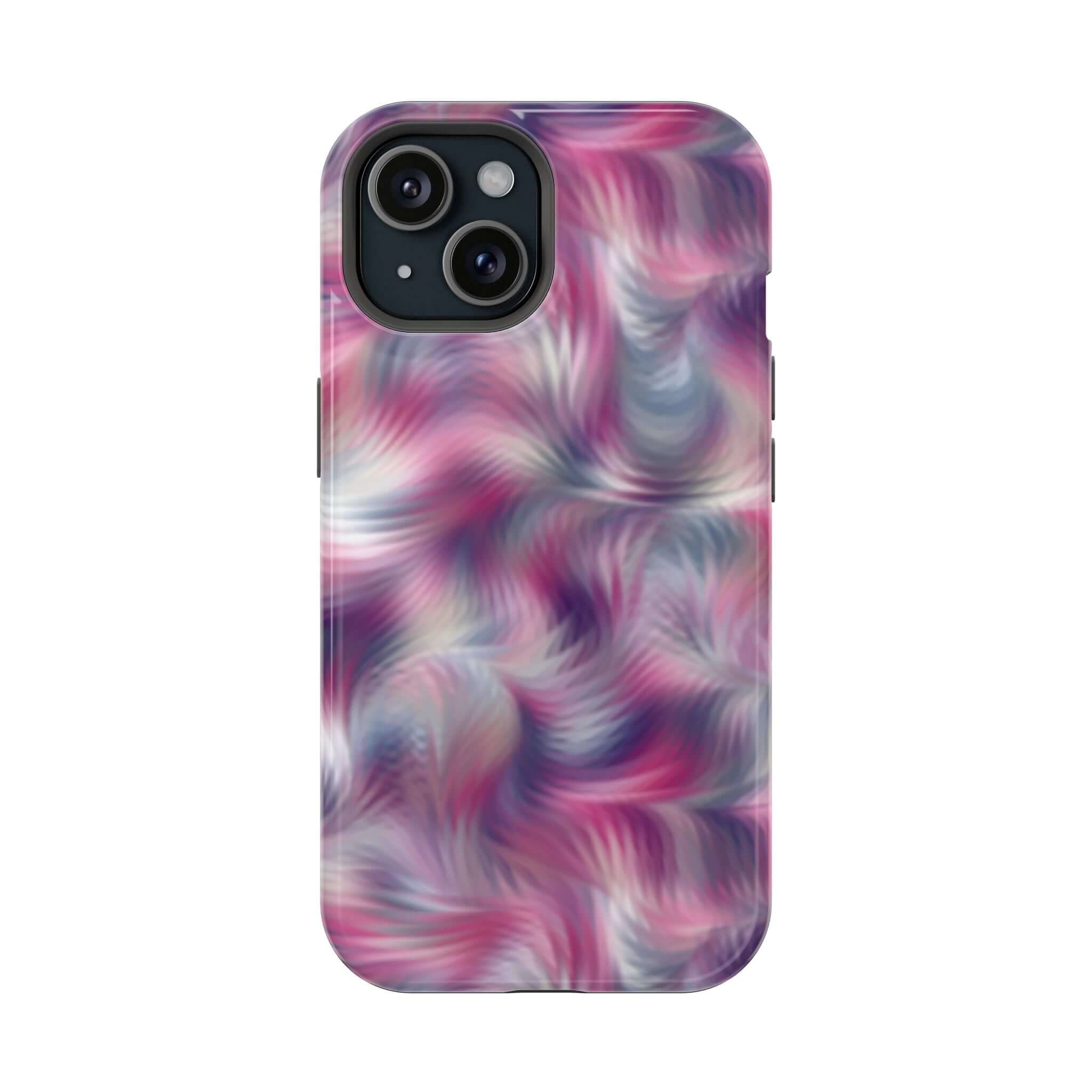 MagSafe iPhone Case in purple abstract tie dye swirl design, showcasing cute and quirky personality, perfect floral phone cover.