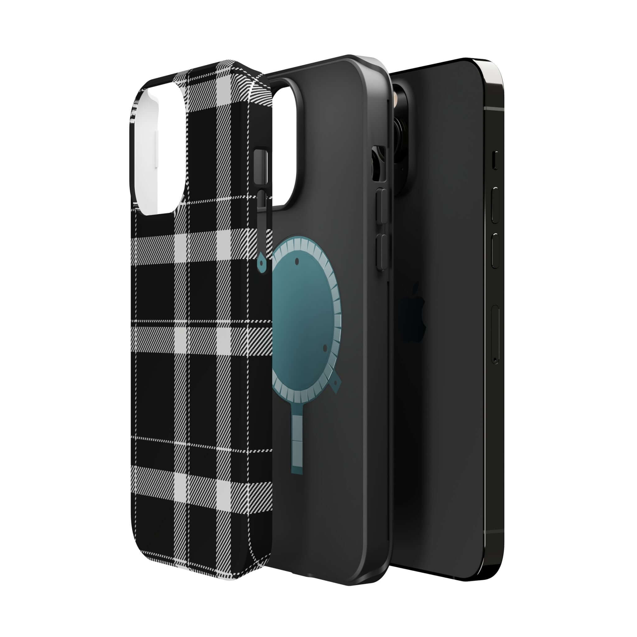 Three stylish phone cases showcasing a black plaid design, a sleek black style, and a playful graphic, perfect for Apple iPhones.