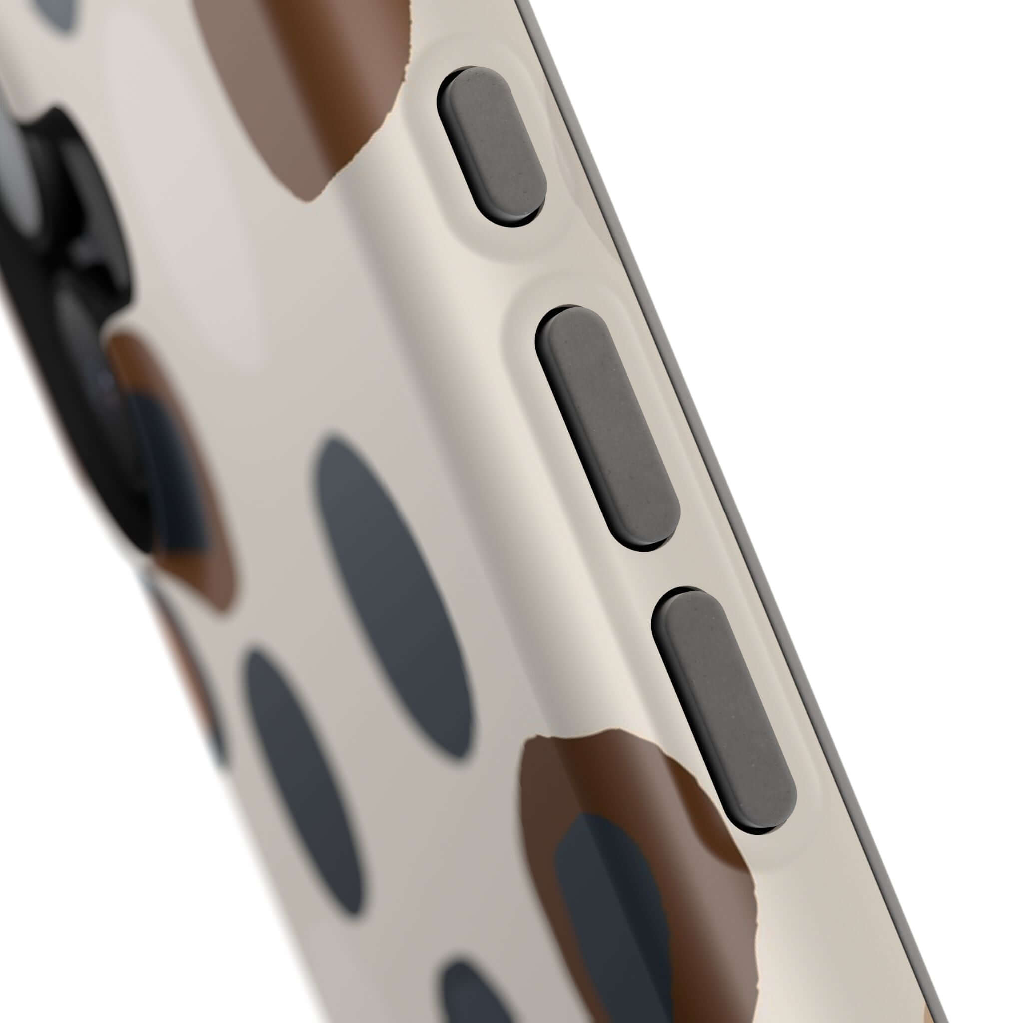 Close-up of Chic Wanderer Modern Spots Case with abstract brown spots, a colorful and cute MagSafe iPhone case for chic adventurers.