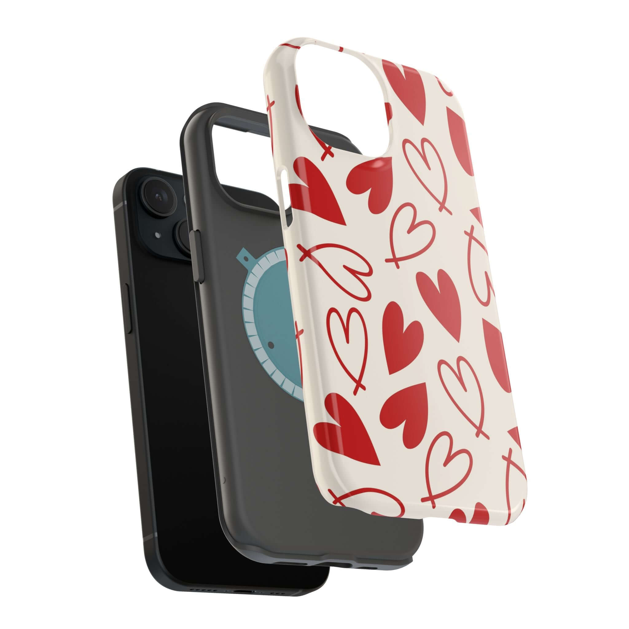 Cute phone cover with red hearts design for iPhone, Be Mine case showcases quirky, fun style and added protection.