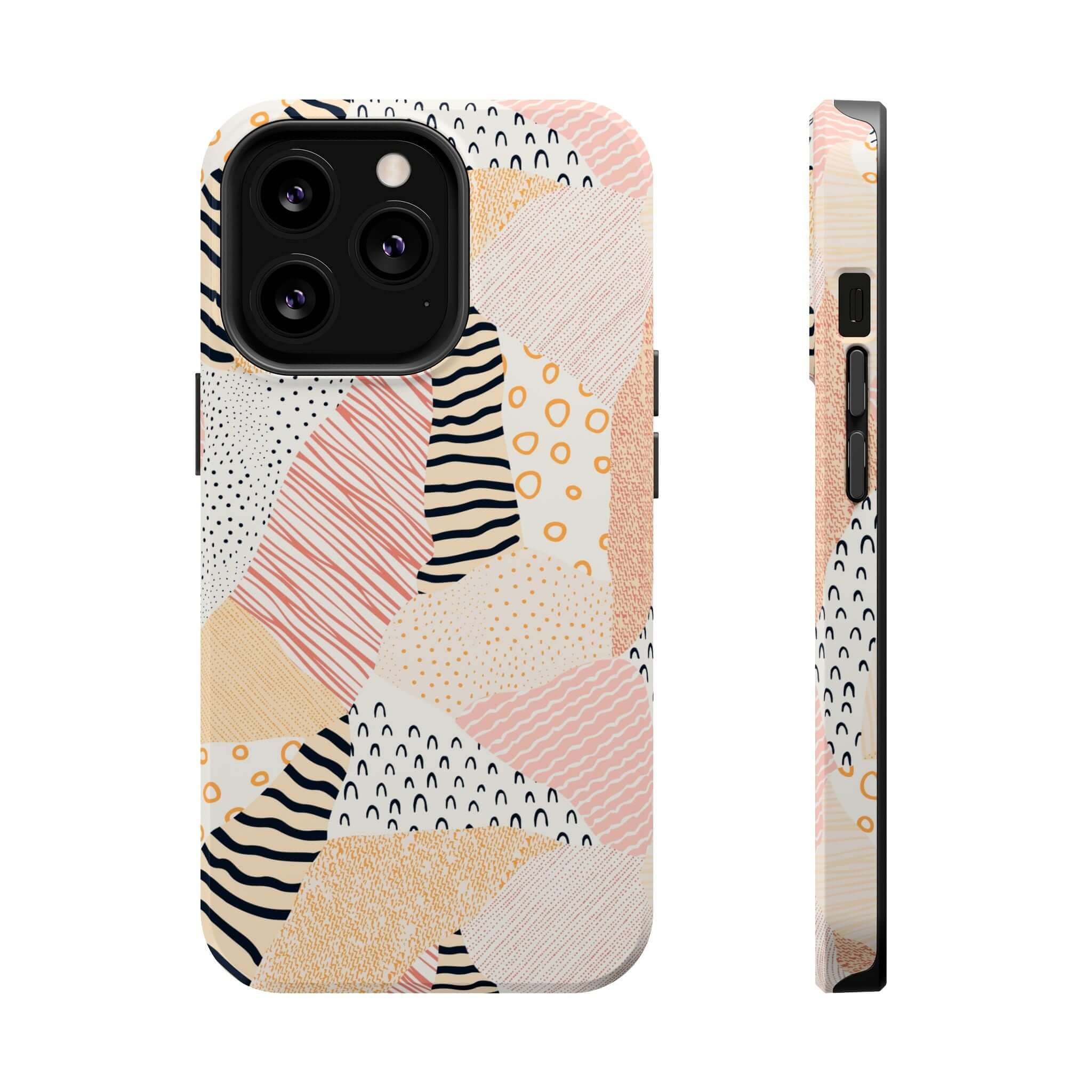 Cute pastel patchwork phone case for iPhone 16, featuring vibrant peach and colorful patterns. Perfect to brighten your device.