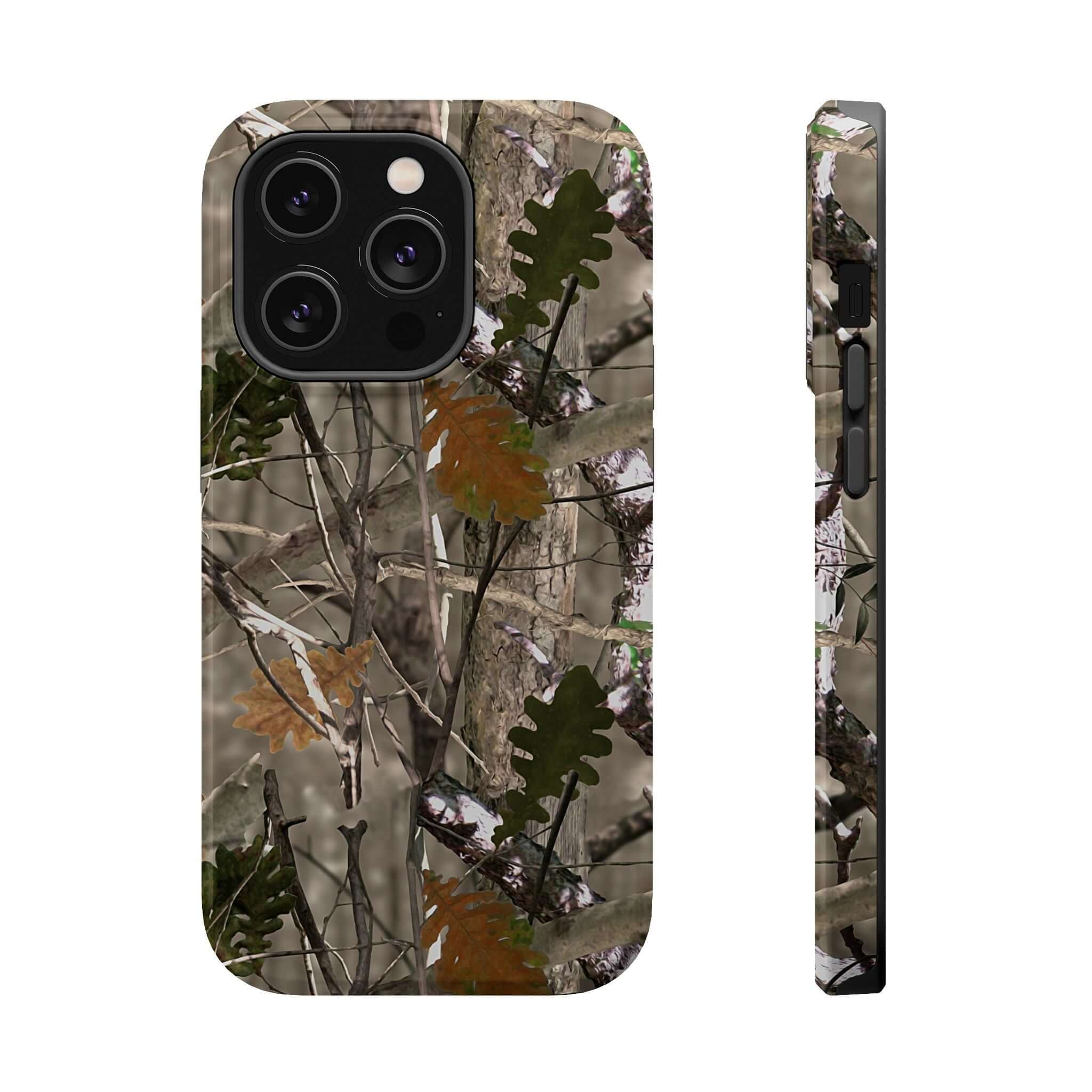 Forest camo iPhone case with MagSafe technology, featuring a modern animal print design for a cute and stylish look.