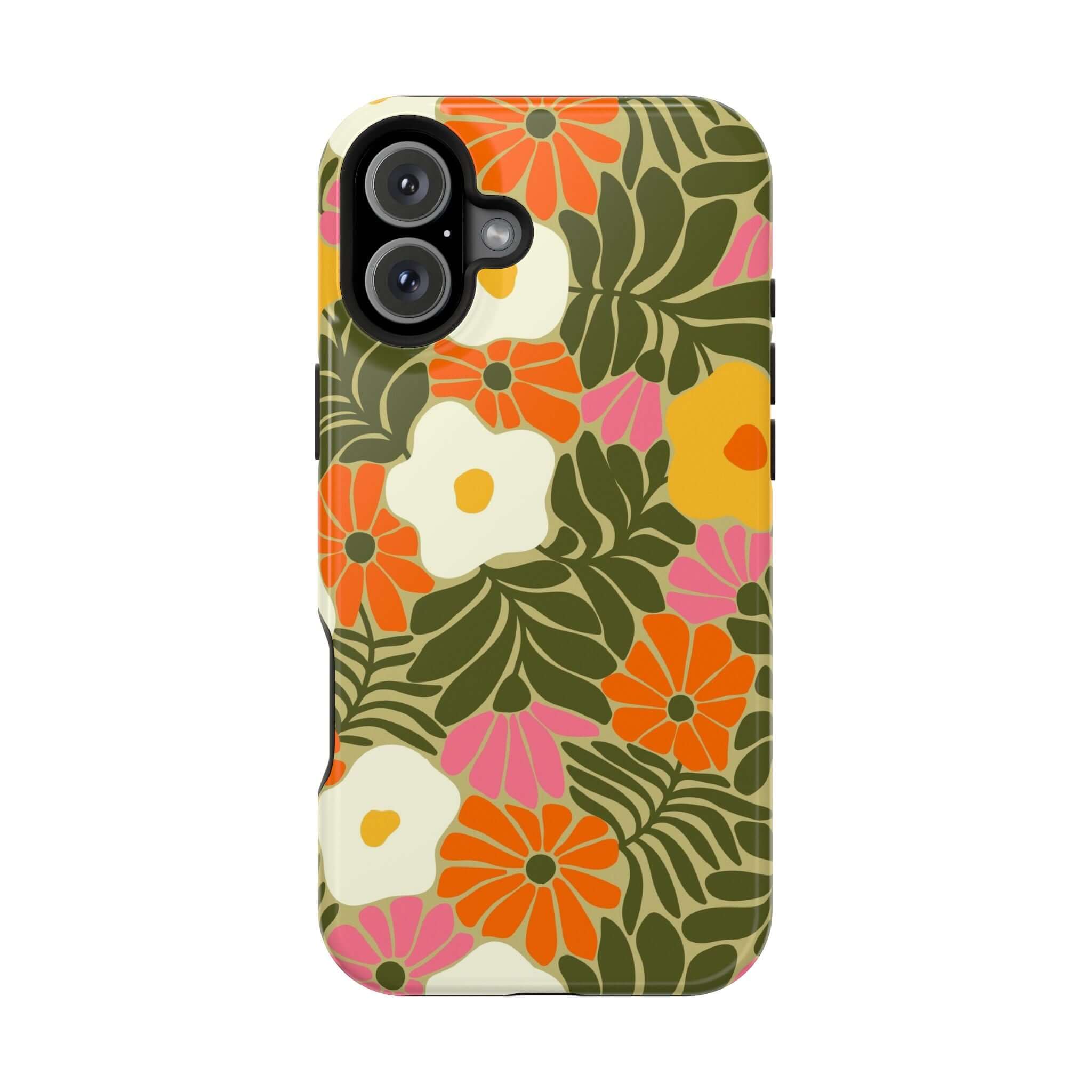 Colorful retro floral phone case with vibrant tropical flowers, perfect cute phone cover for Apple iPhone.