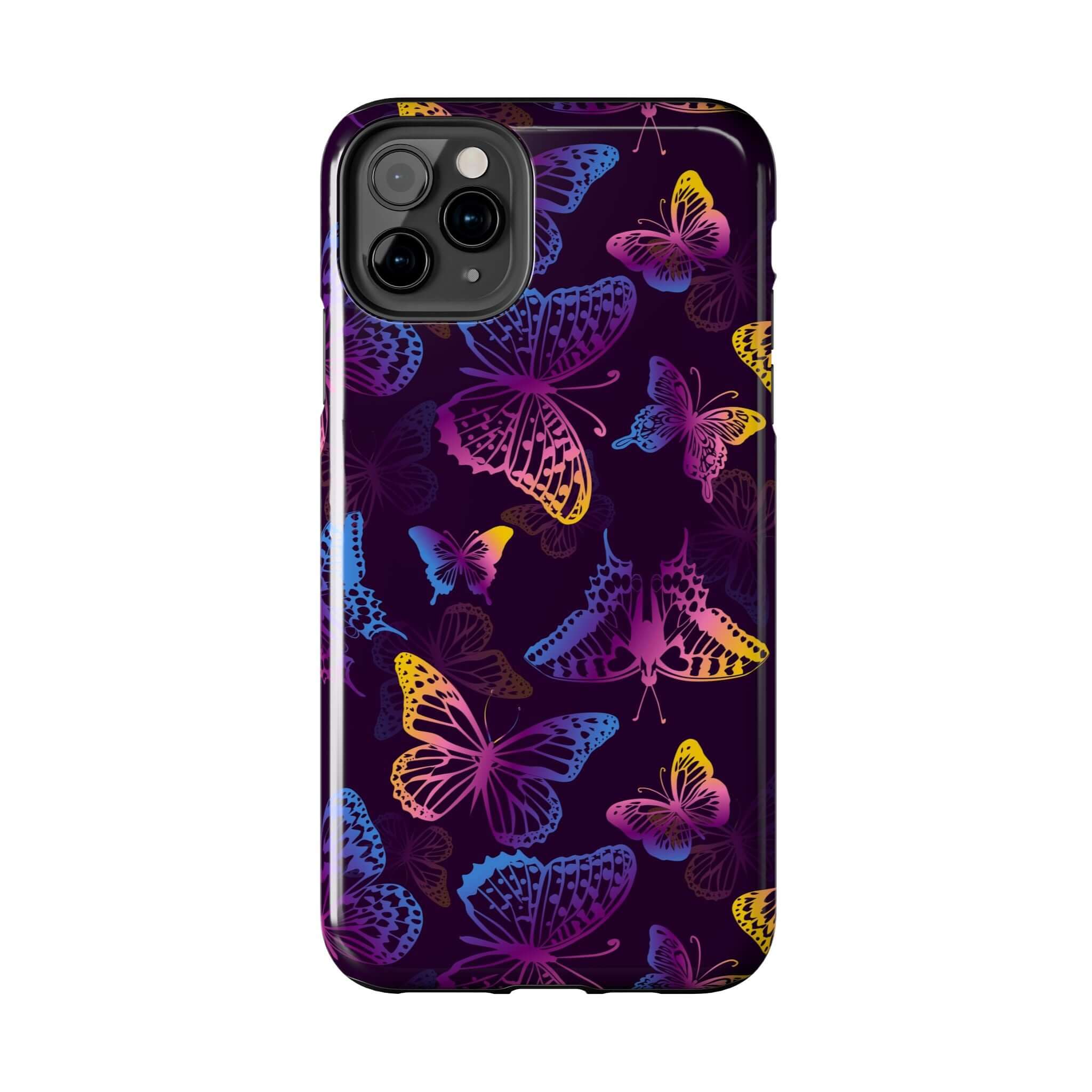 Black butterfly MagSafe iPhone case with vibrant butterfly design, the perfect cute phone cover for nature and floral lovers.