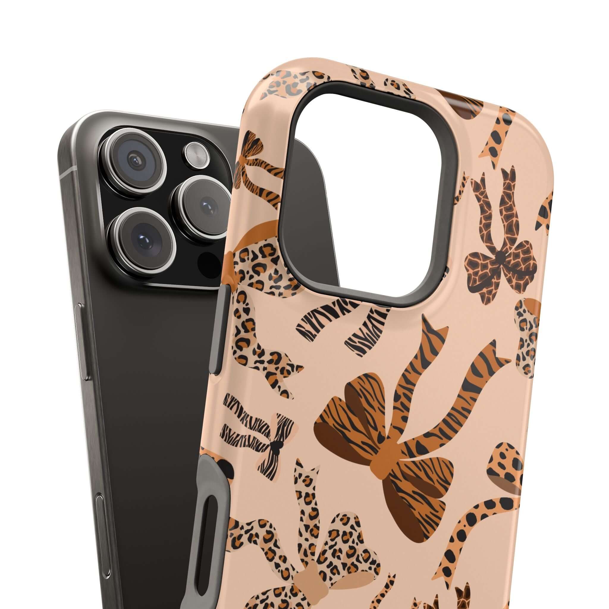 Safari Coquette colorful iPhone case with cute leopard pattern and abstract bows, stylish MagSafe phone cover.