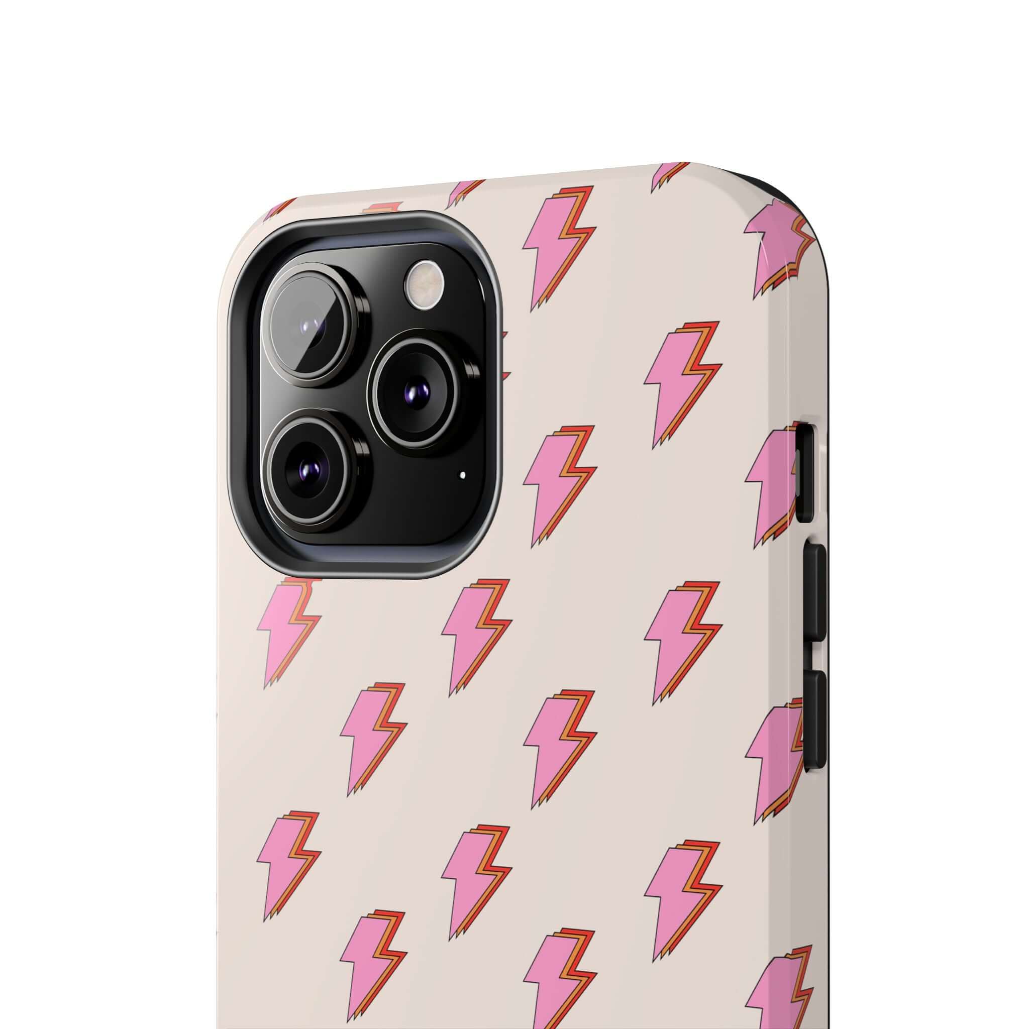 Electric Vibes Lighting Bolt Case with retro pink bolts for iPhone 14 and iPhone 15. Cute and stylish phone case with free shipping.