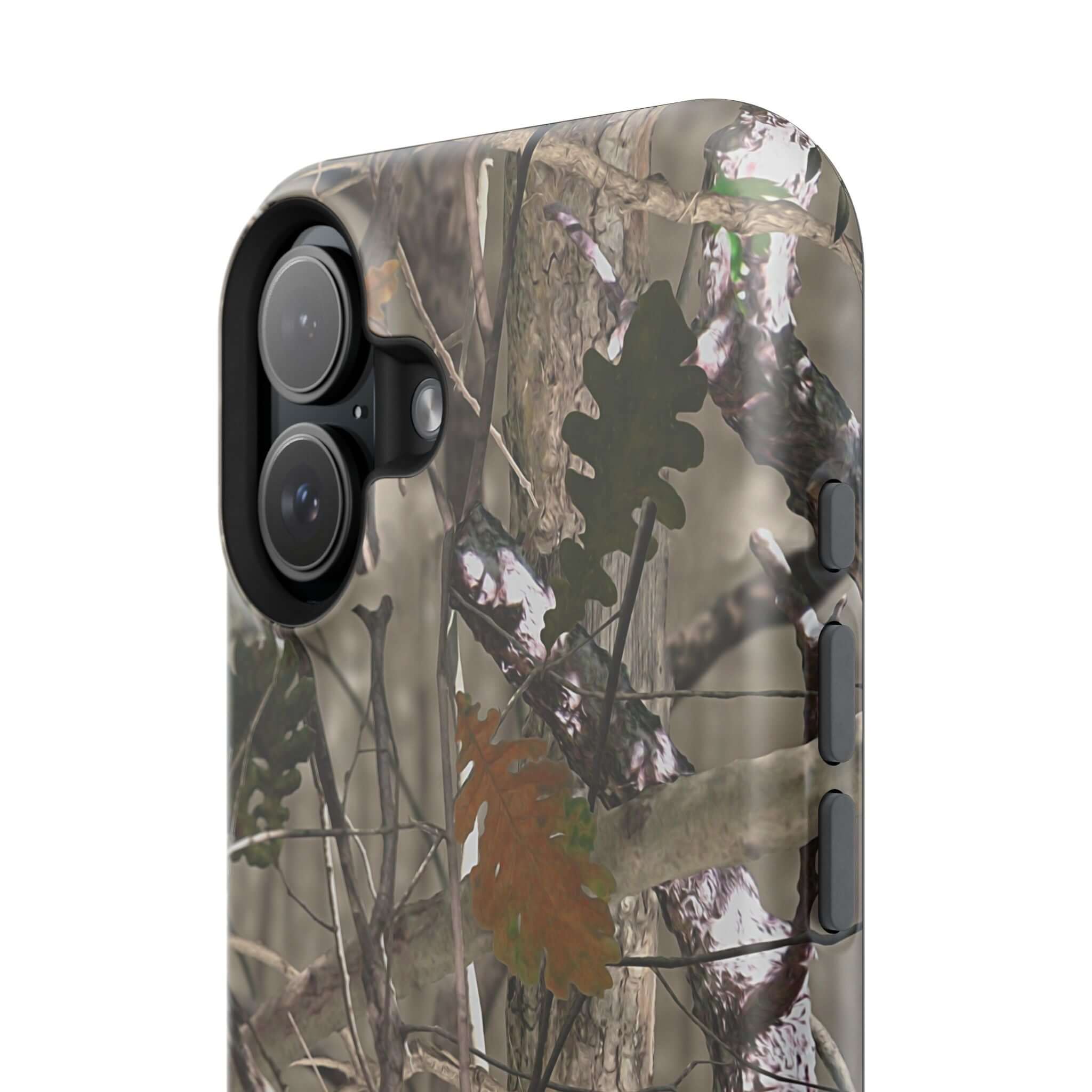 Forest camo phone case with modern animal print design, compatible with MagSafe technology for a cute and protective iPhone style.