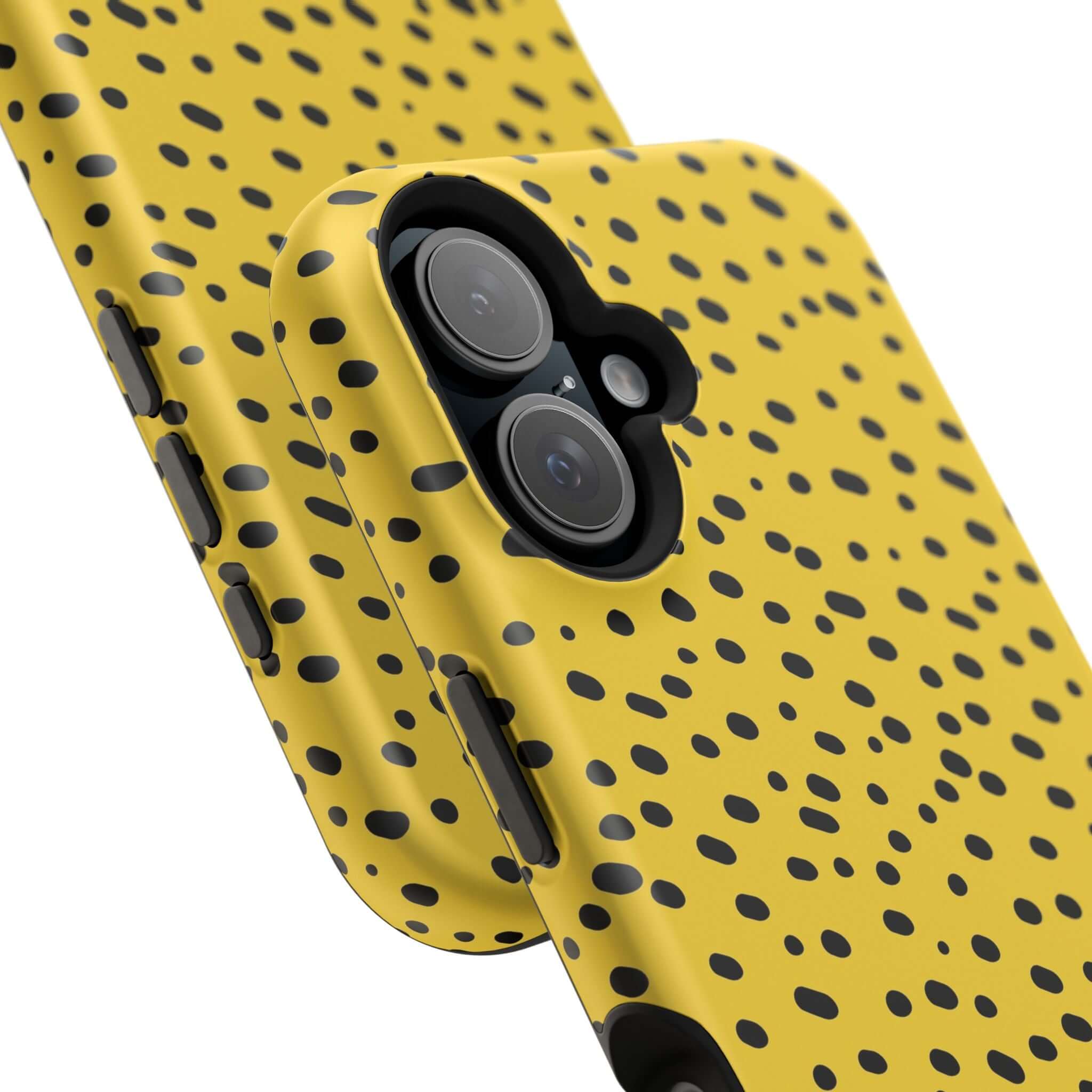 Vibrant yellow cheetah print MagSafe iPhone case by Spot On, featuring bold black spots. Cute and colorful abstract phone case design.