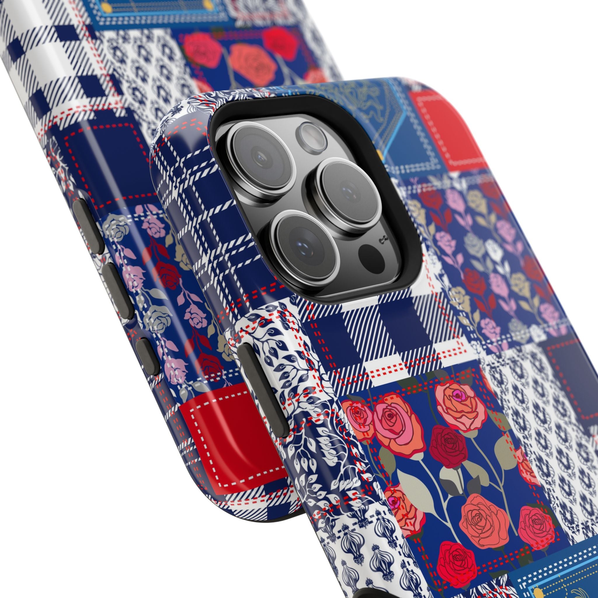 Crimson Bloom | Blue Patchwork Case