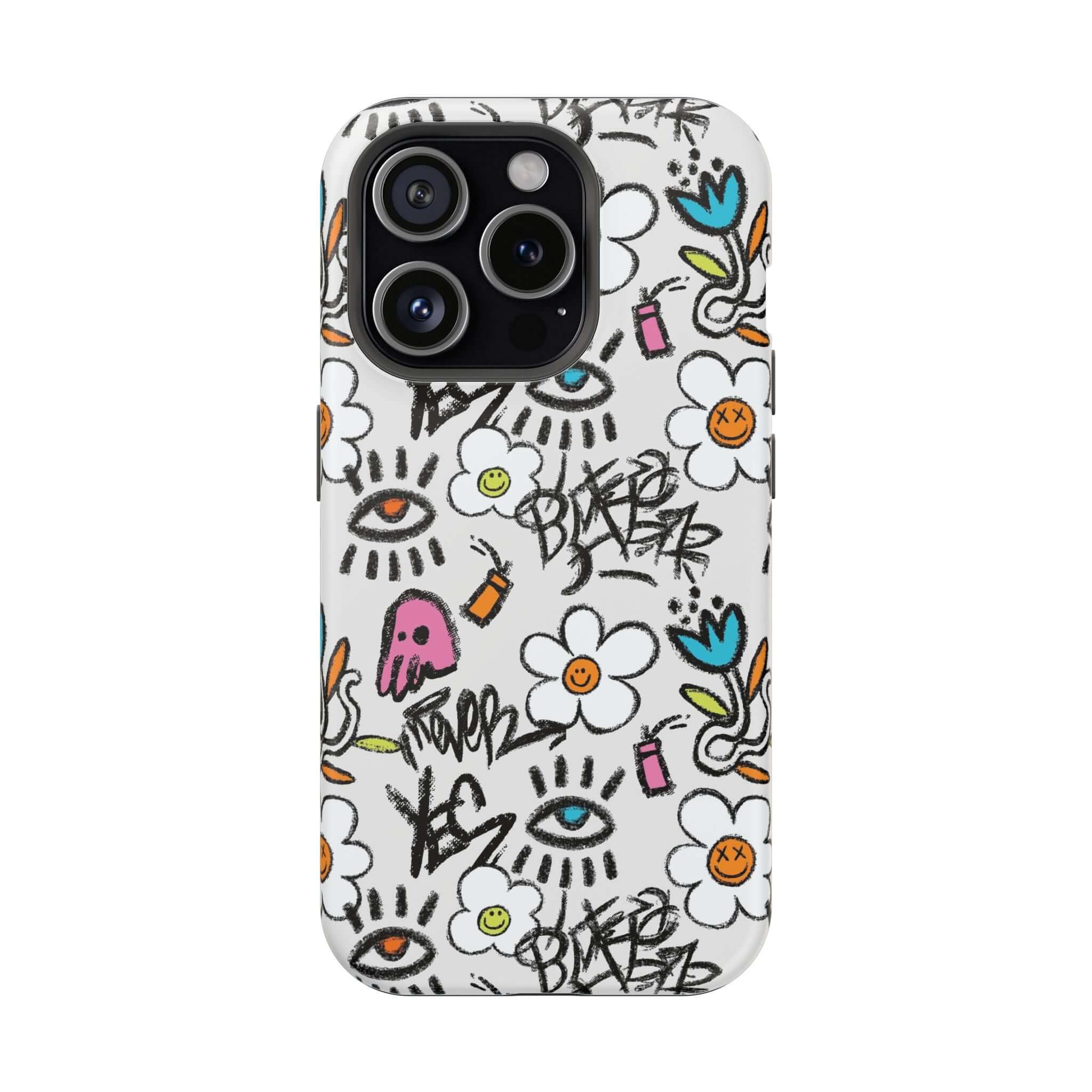 Cute phone cover with colorful floral graffiti design for iPhone, showcasing vibrant art and playful style.