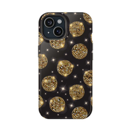 Cute iPhone 14 case with gold disco ball design, free shipping available