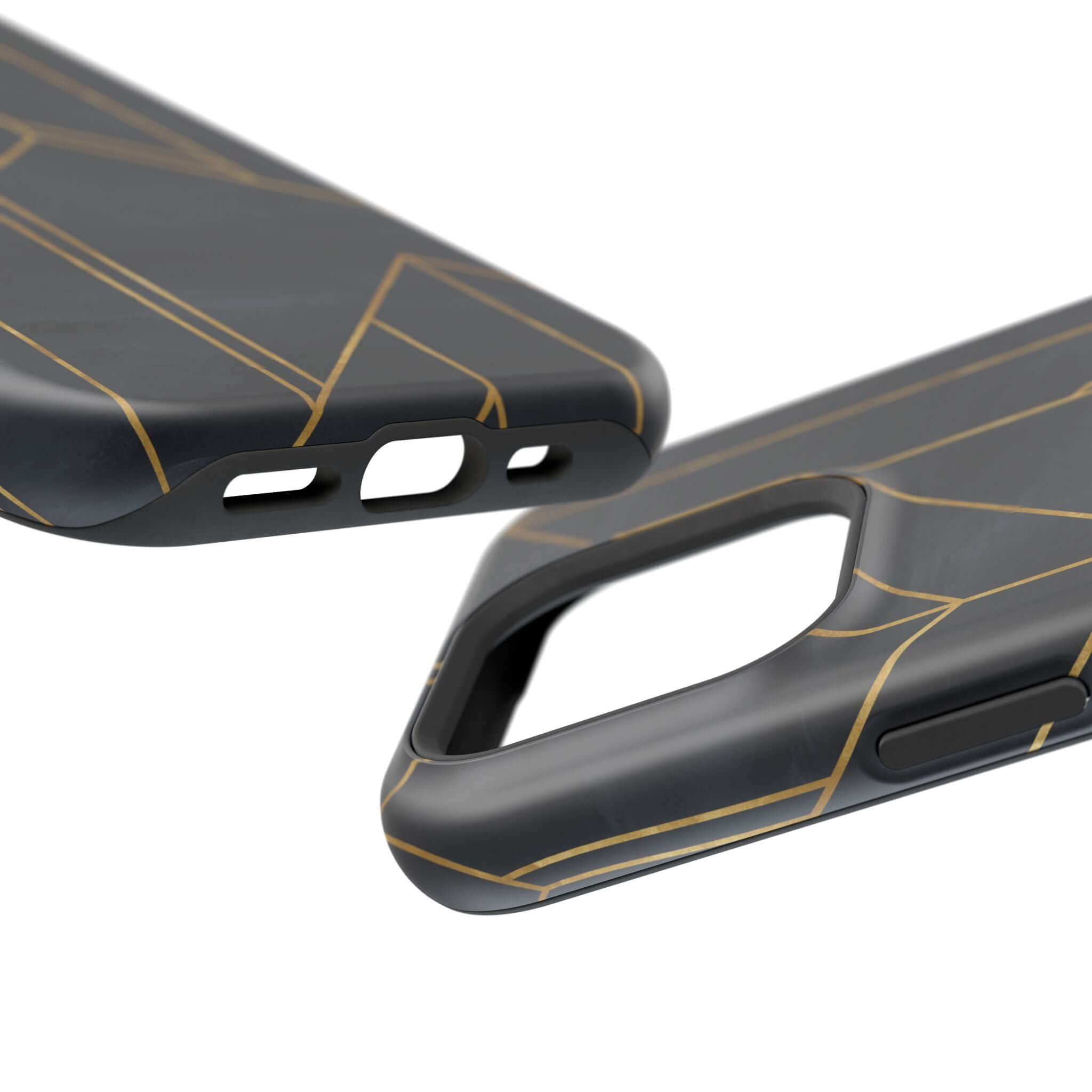 Modern geometric black iPhone case with gold lines, stylish and protective, adds a cute abstract touch to your phone.