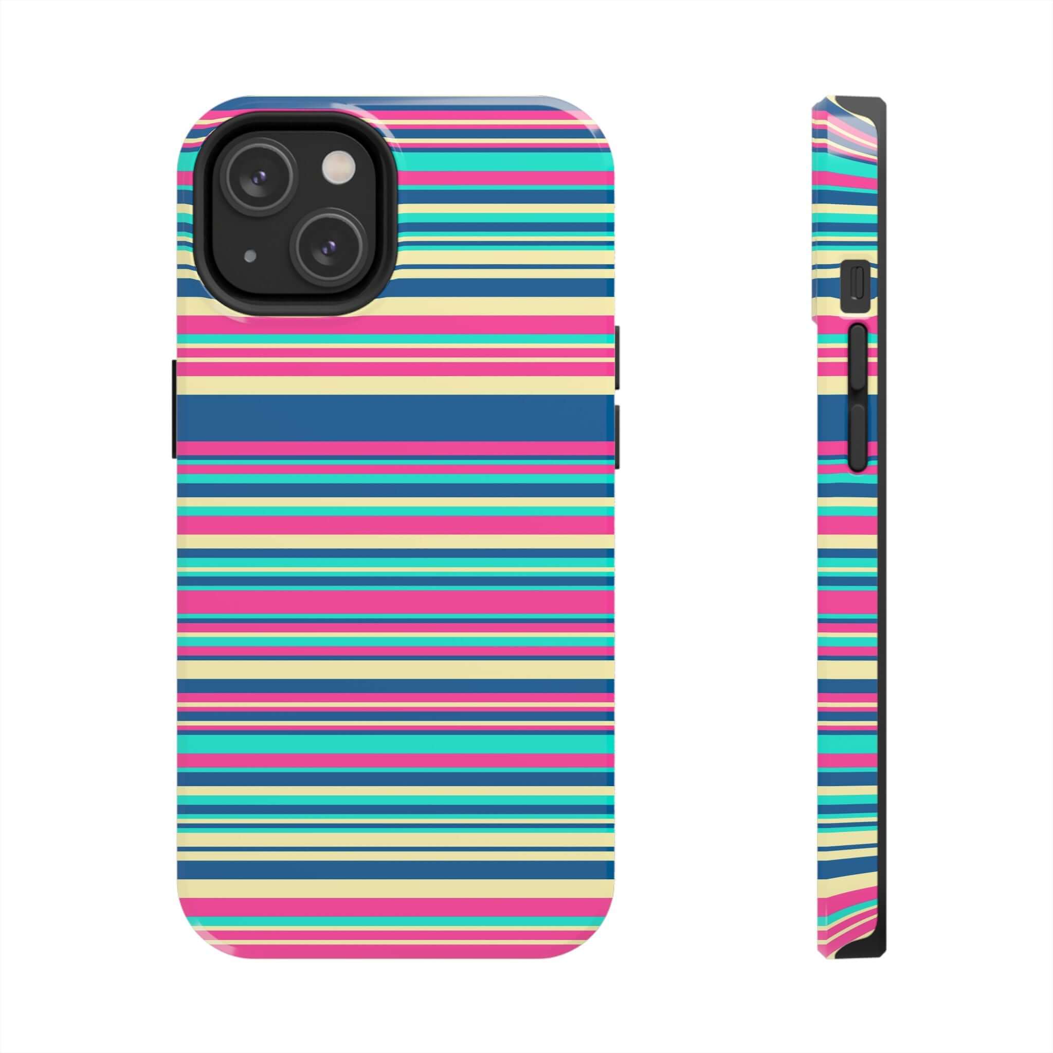 Colorful striped phone case for iPhone 14 and iPhone 15, cute phone cover featuring vibrant stripes, fun and playful design with free shipping