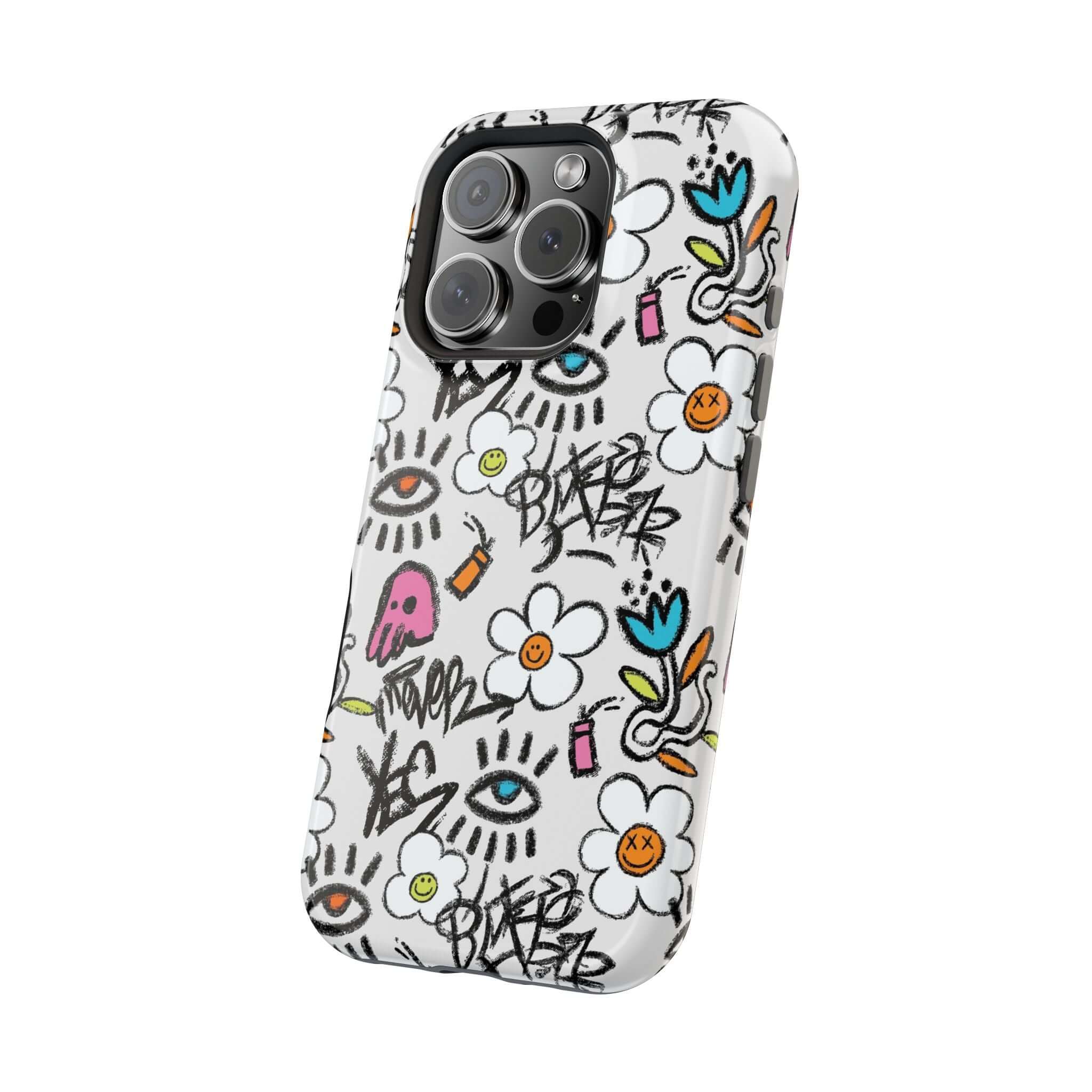 Cute phone cover featuring vibrant floral graffiti design for iPhone, showcasing playful colors and artistic flair.