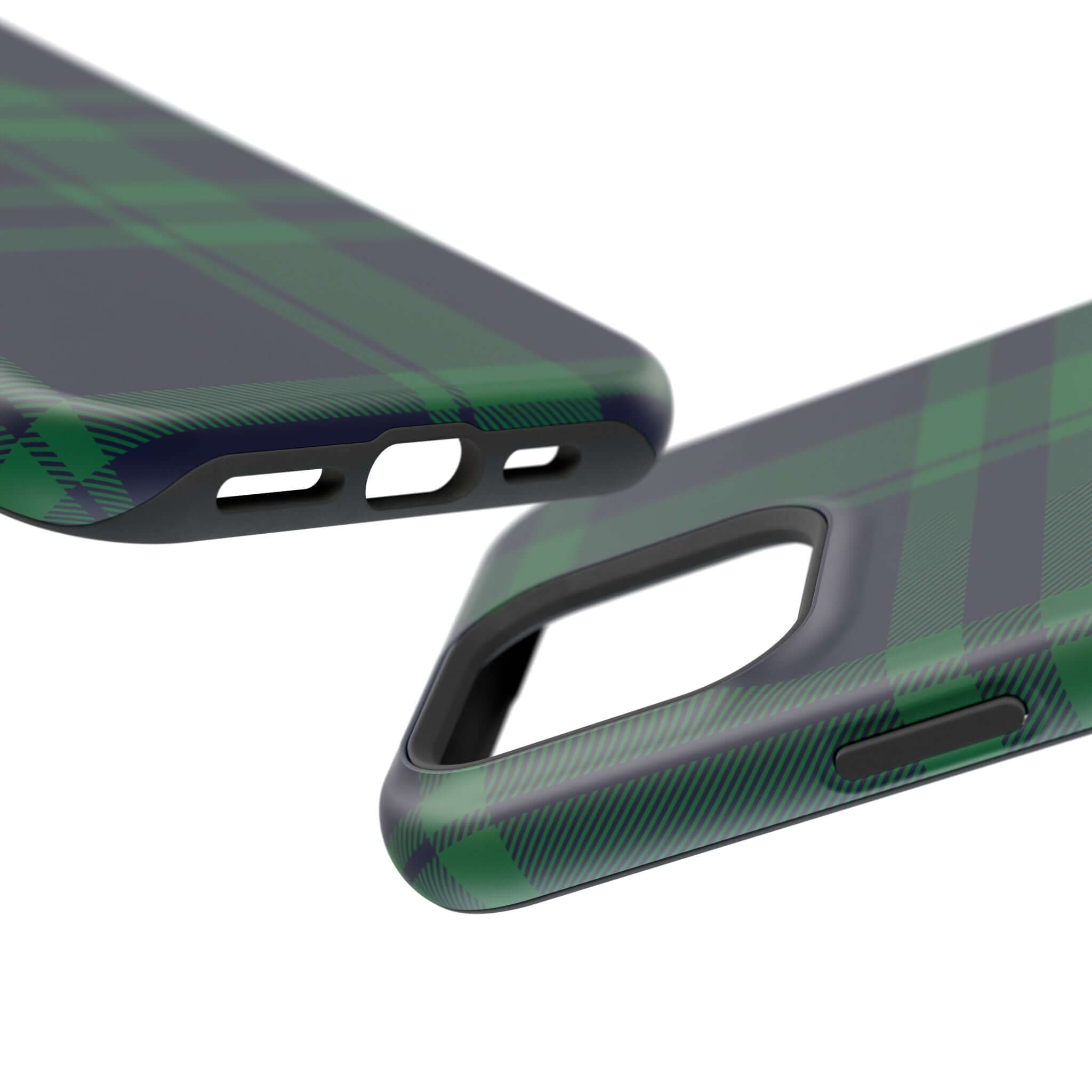 Mistletoe Plaid MagSafe Phone Case showcasing a festive plaid pattern in green, perfect for holiday cheer and protection.