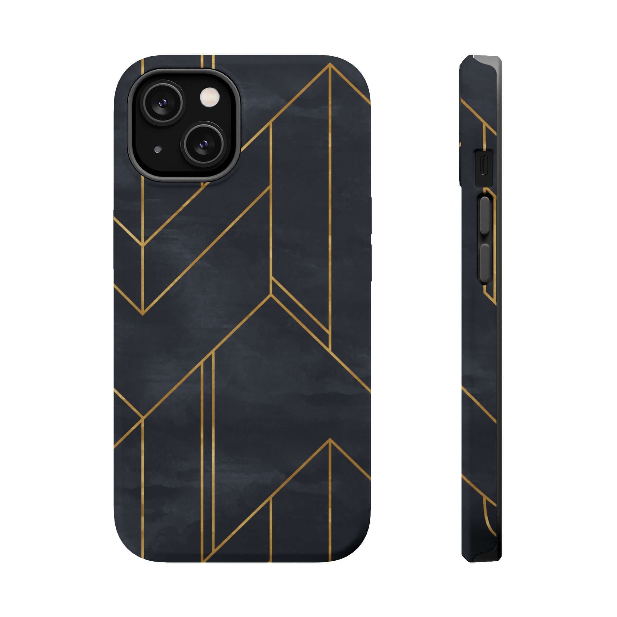 Modern geometric iPhone case in black with gold lines, Urban Vibe design, sleek and abstract, colorful and cute phone protection.