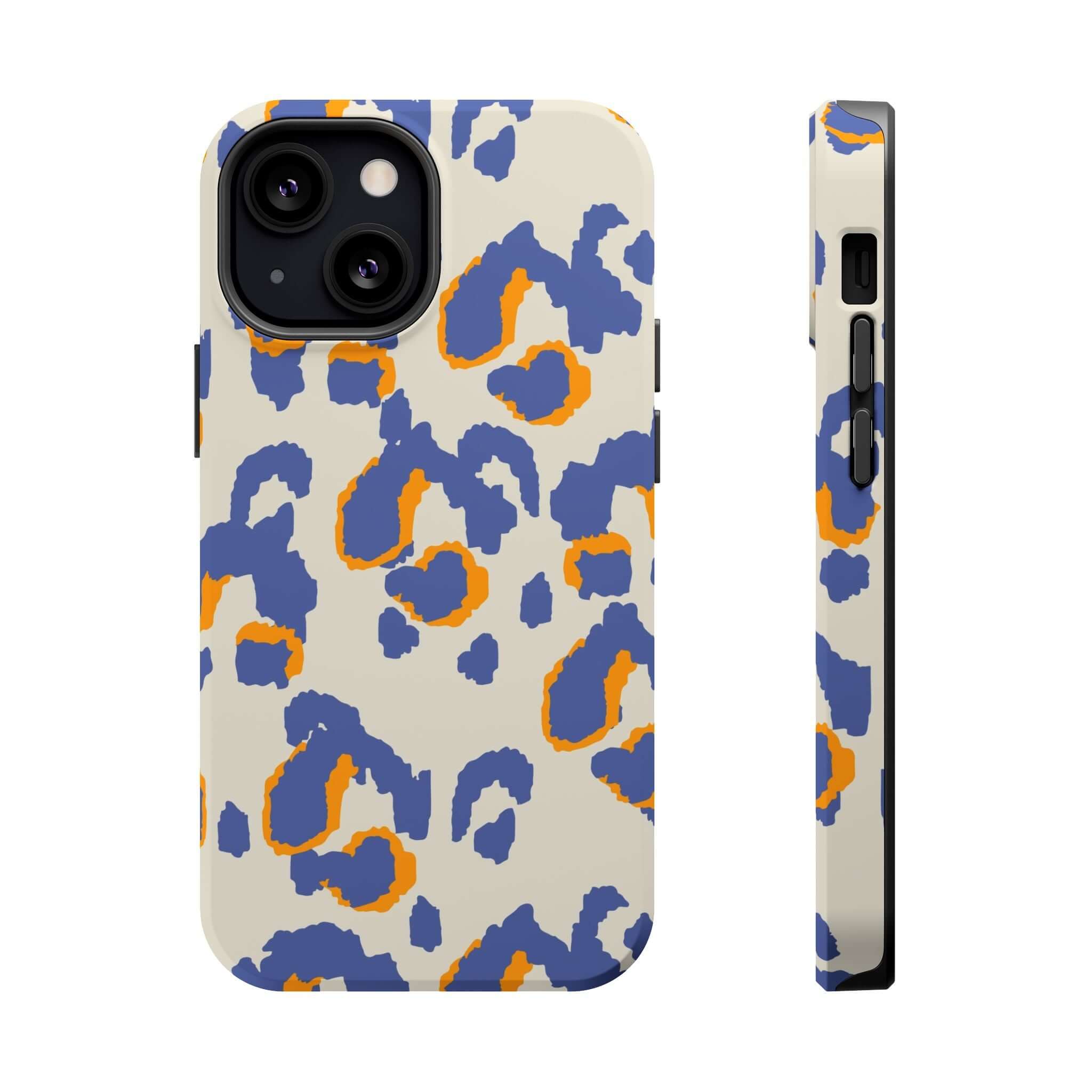 Colorful iPhone case with blue leopard print, cute and abstract design, perfect for a stylish, protective MagSafe phone accessory.