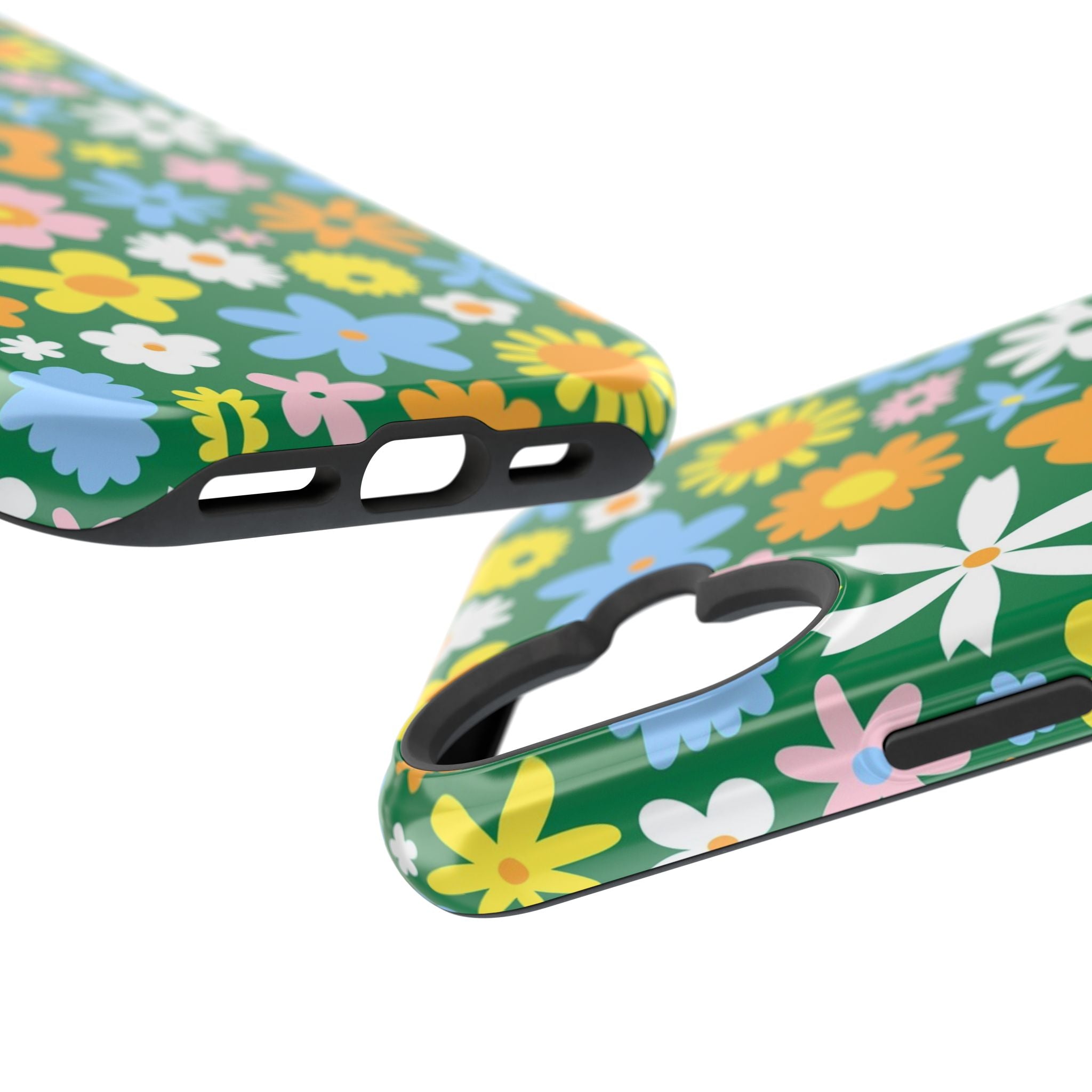 Vibrant hippie floral MagSafe iPhone case with colorful flowers, cute phone cover with green background for stylish protection.