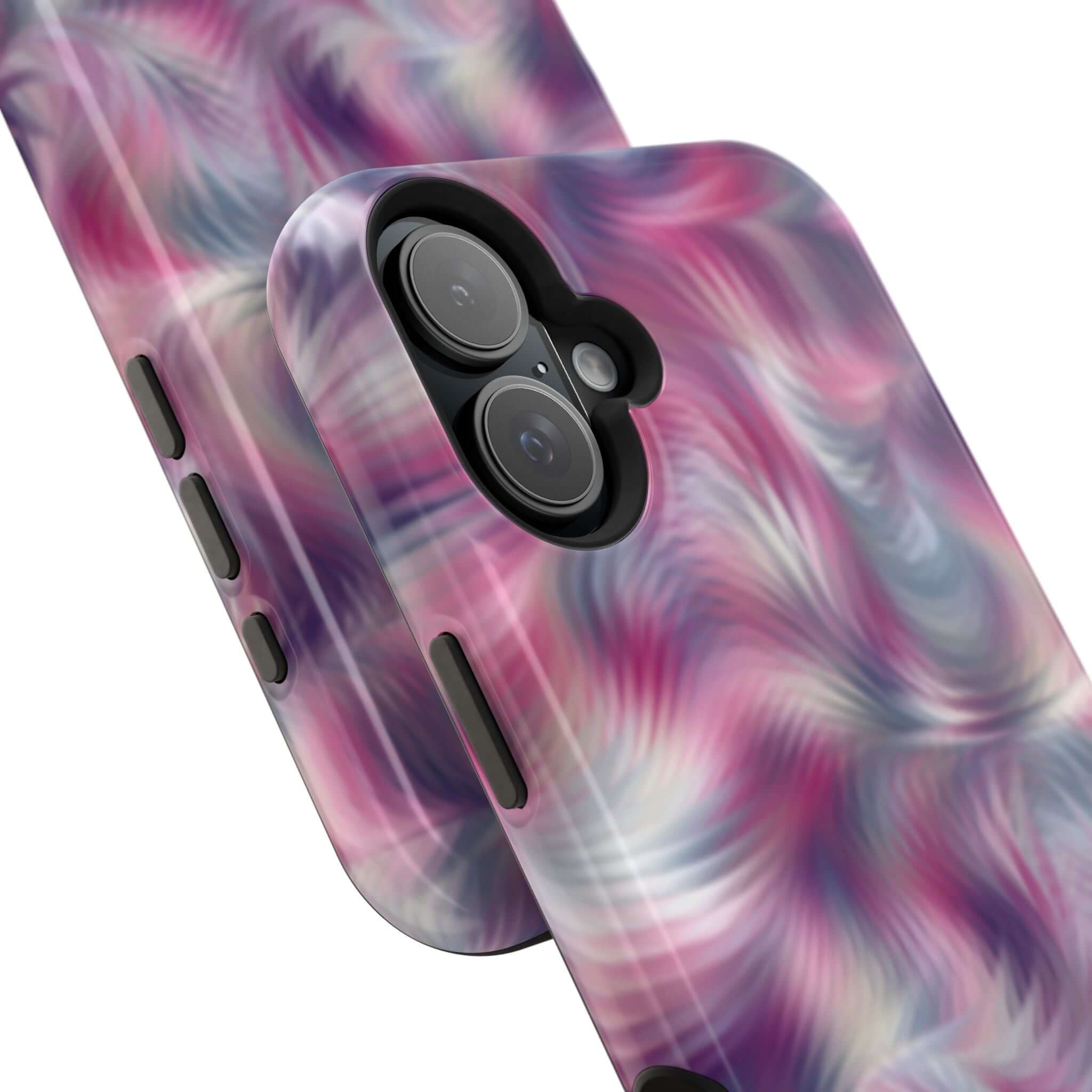 Purple abstract MagSafe iPhone case with cute tie dye swirl design, offering playful and quirky phone cover protection.