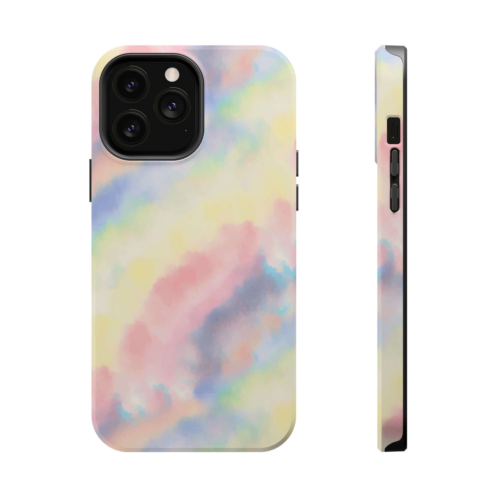 Cute iPhone case with pastel tie dye design, Unicorn Dreams, MagSafe compatible, custom phone case design for added style.