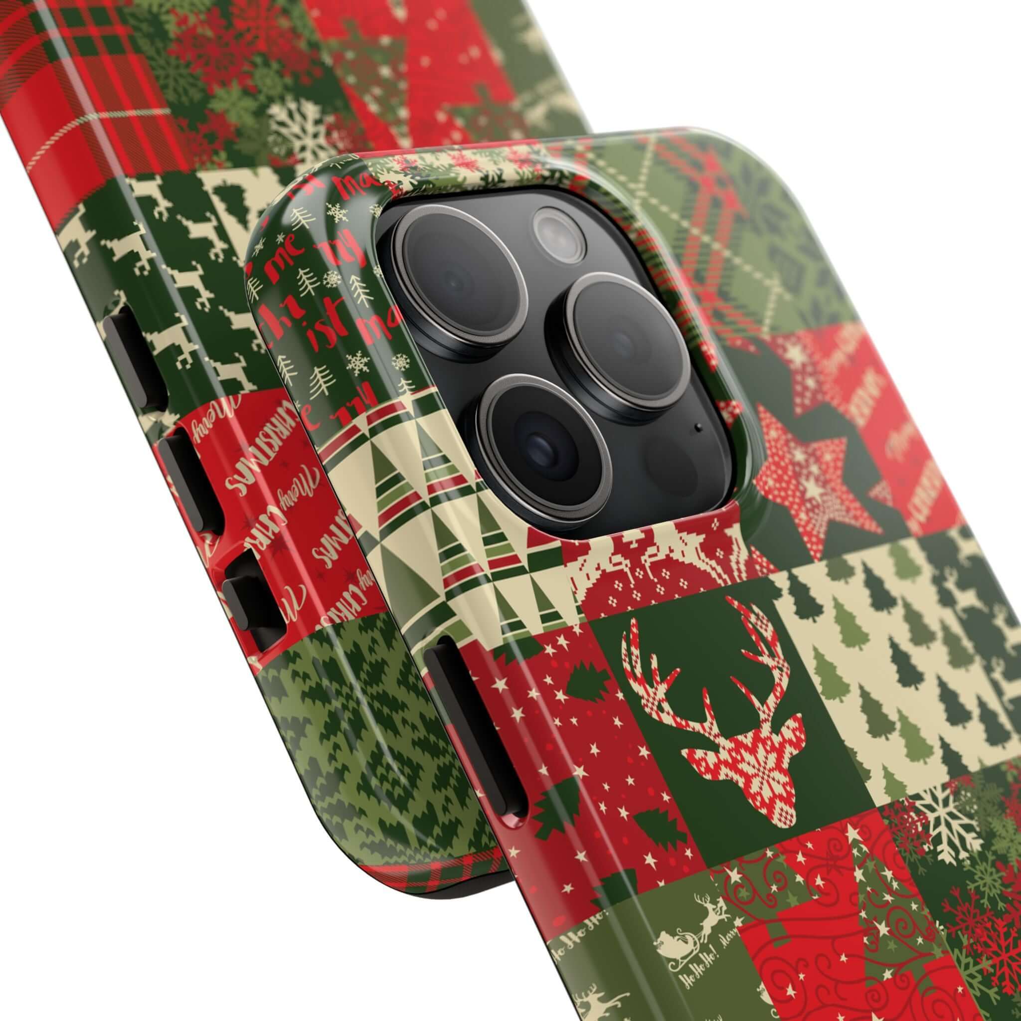 Festive green holiday phone case with Christmas trees, snowflakes, and reindeer design for a cute custom iPhone case.