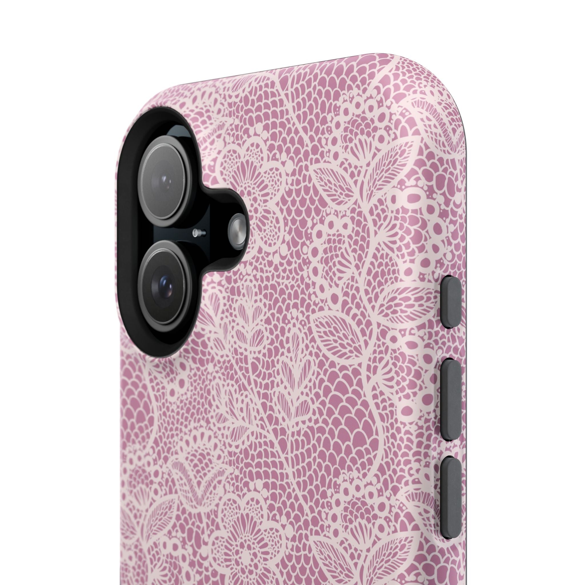 Pink Lace MagSafe iPhone Case with floral design, offering a cute and protective phone cover.