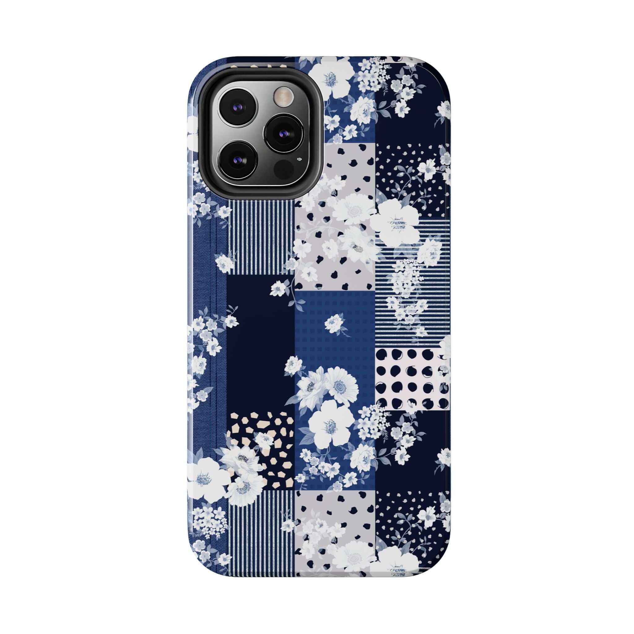 Blue floral patchwork design on Sorority Book Club iPhone case, cute phone cover with flowers for iPhone or Samsung.