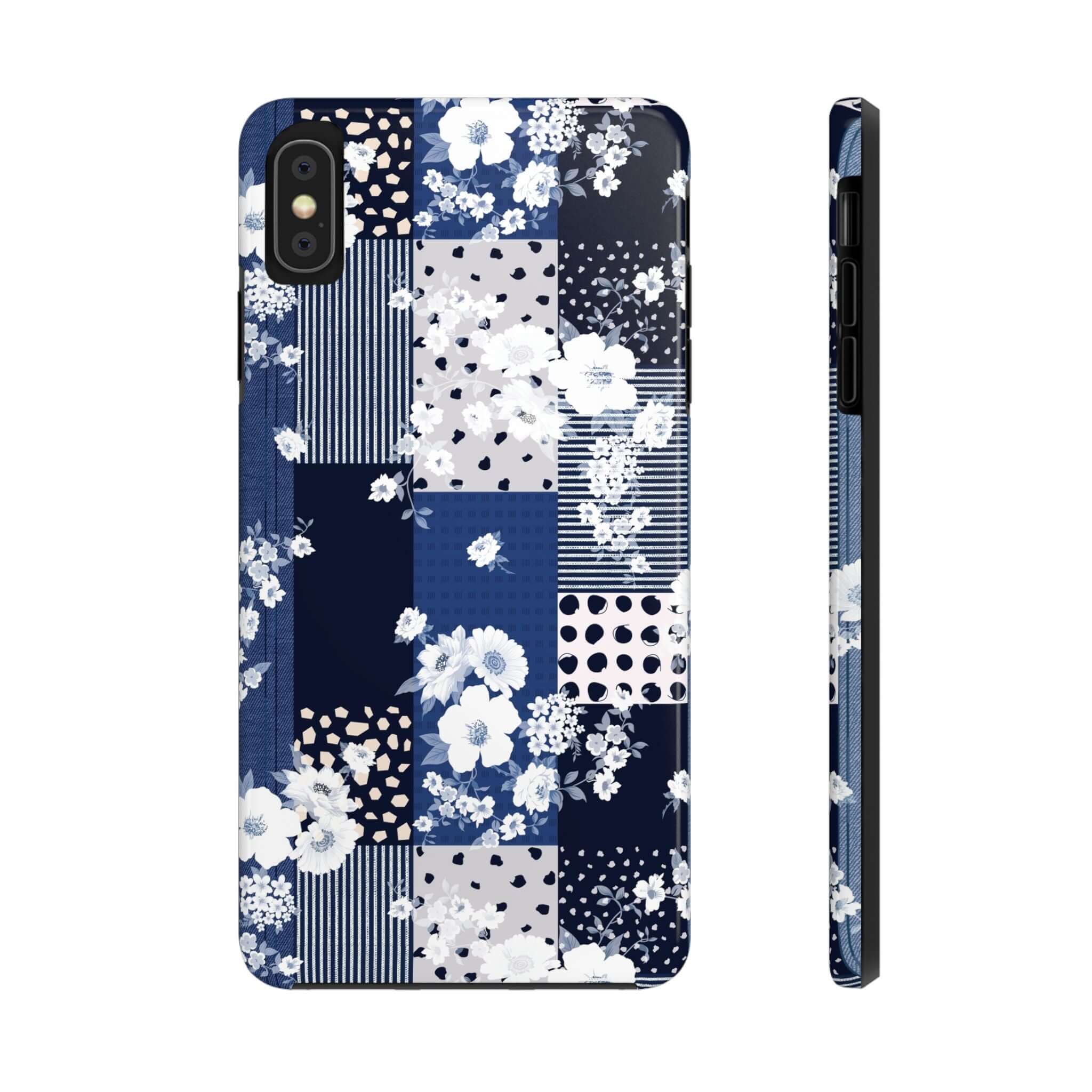 Cute blue floral phone case for iPhone with a patchwork design, perfect for a phone cover with flowers - also suitable for Samsung phones.