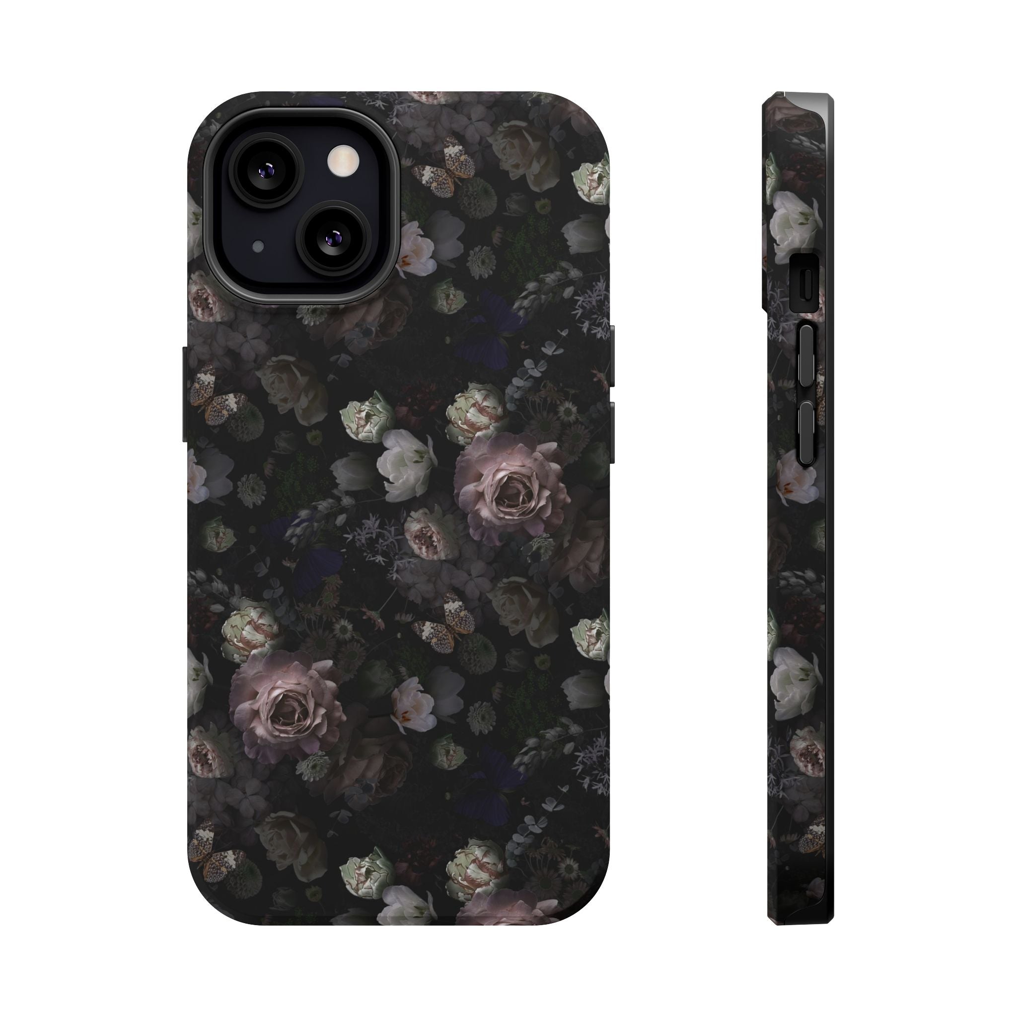 Midnight Curse Black Floral MagSafe iPhone Case with dark roses, cute phone cover for stylish protection.