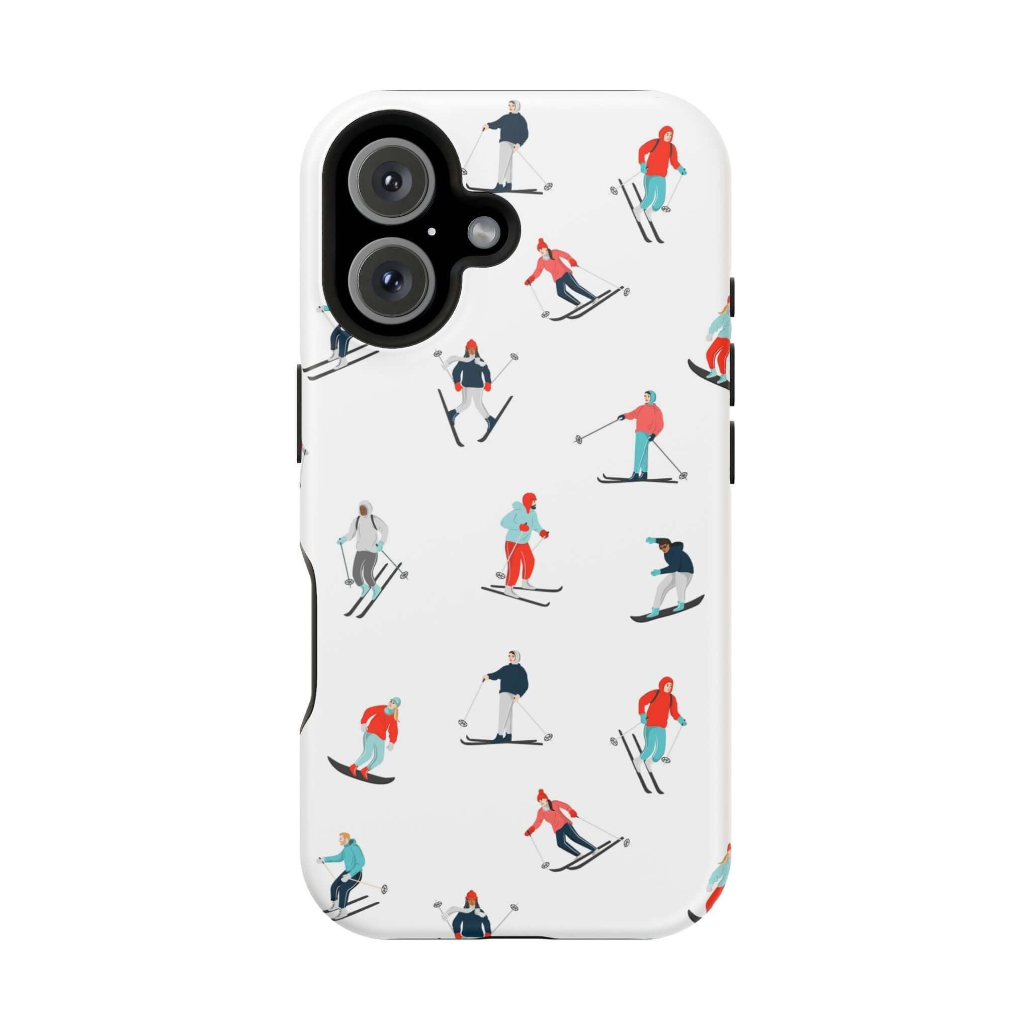 Cute phone case featuring colorful skiers, perfect for winter sports enthusiasts and iPhone protection.