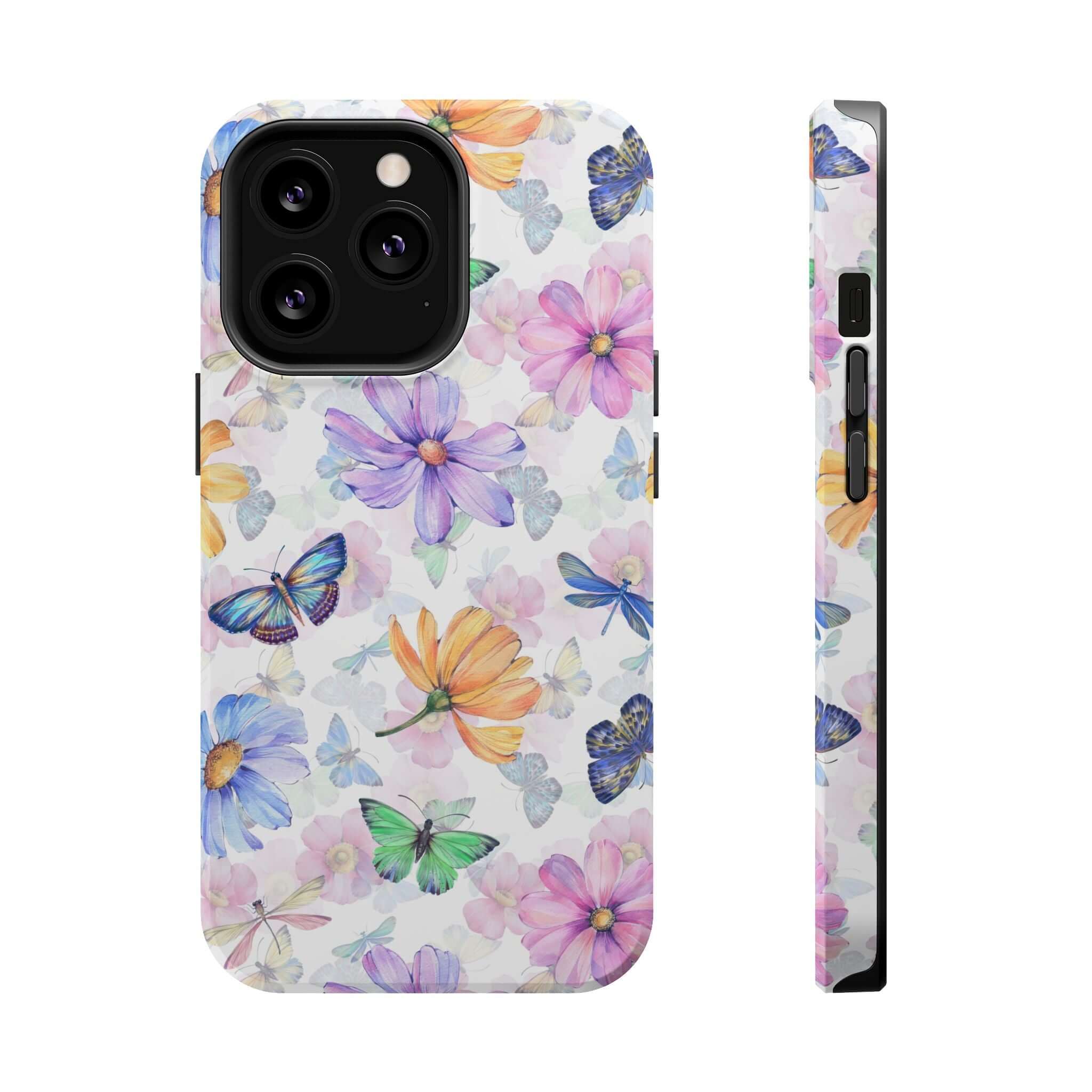 Cute MagSafe iPhone 16 case with watercolor butterfly and flower design, protective and stylish Fluttering Blooms phone case