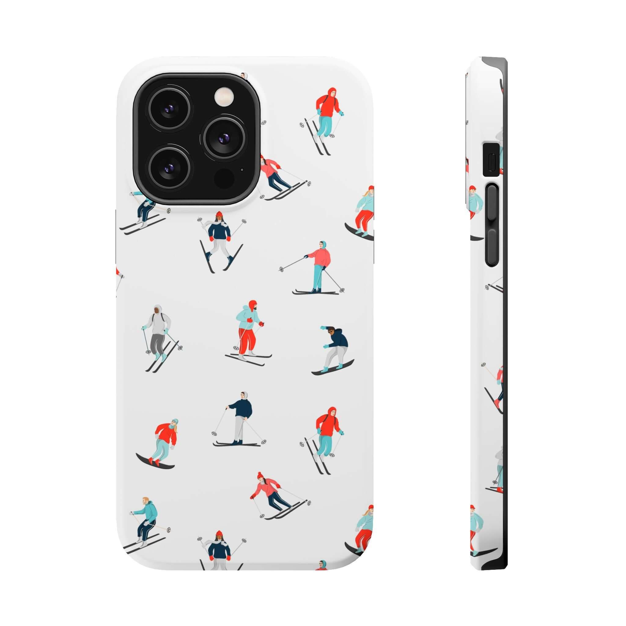 Cute phone cover featuring skiers on a snowy design, perfect for winter sports lovers and MagSafe compatible.