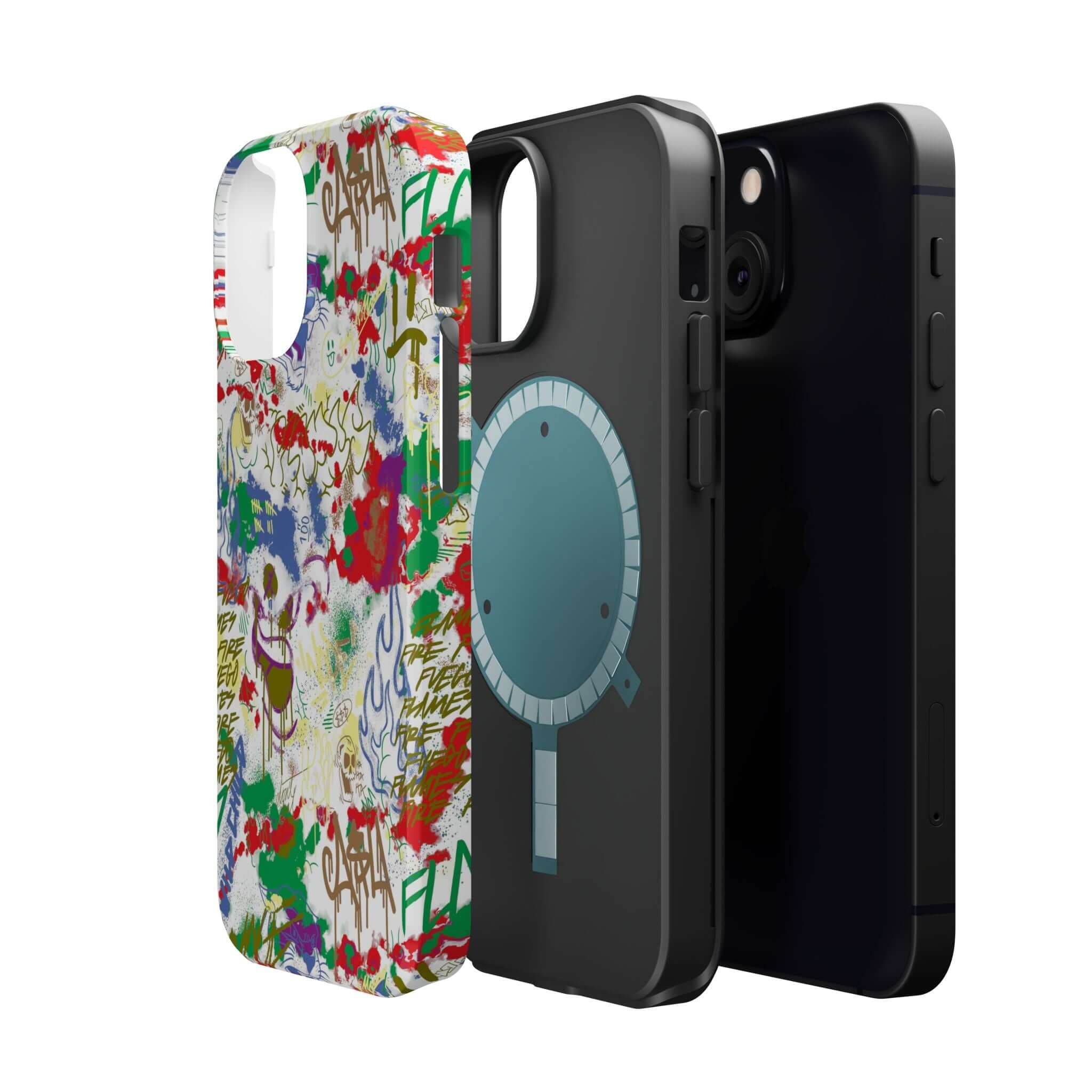 Colorful Art Attack Phone Case showcasing vibrant graffiti design and sleek black case, perfect for style and protection.